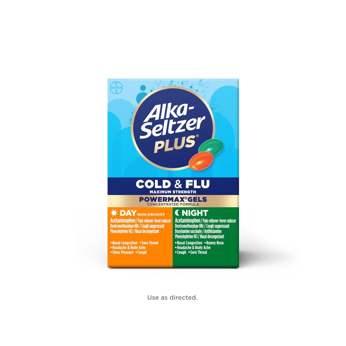 blue, orange and green carton of Alka-Seltzer® Maximum Strength Day & Night Cold & Flu PowerMax® Gels