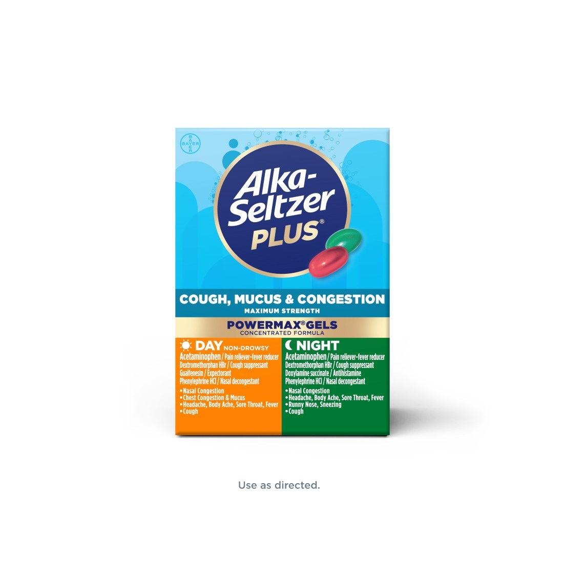 ALKA-SELTZER PLUS® MAXIMUM STRENGTH DAY & NIGHT COUGH, MUCUS & CONGESTION POWERMAX® GELS