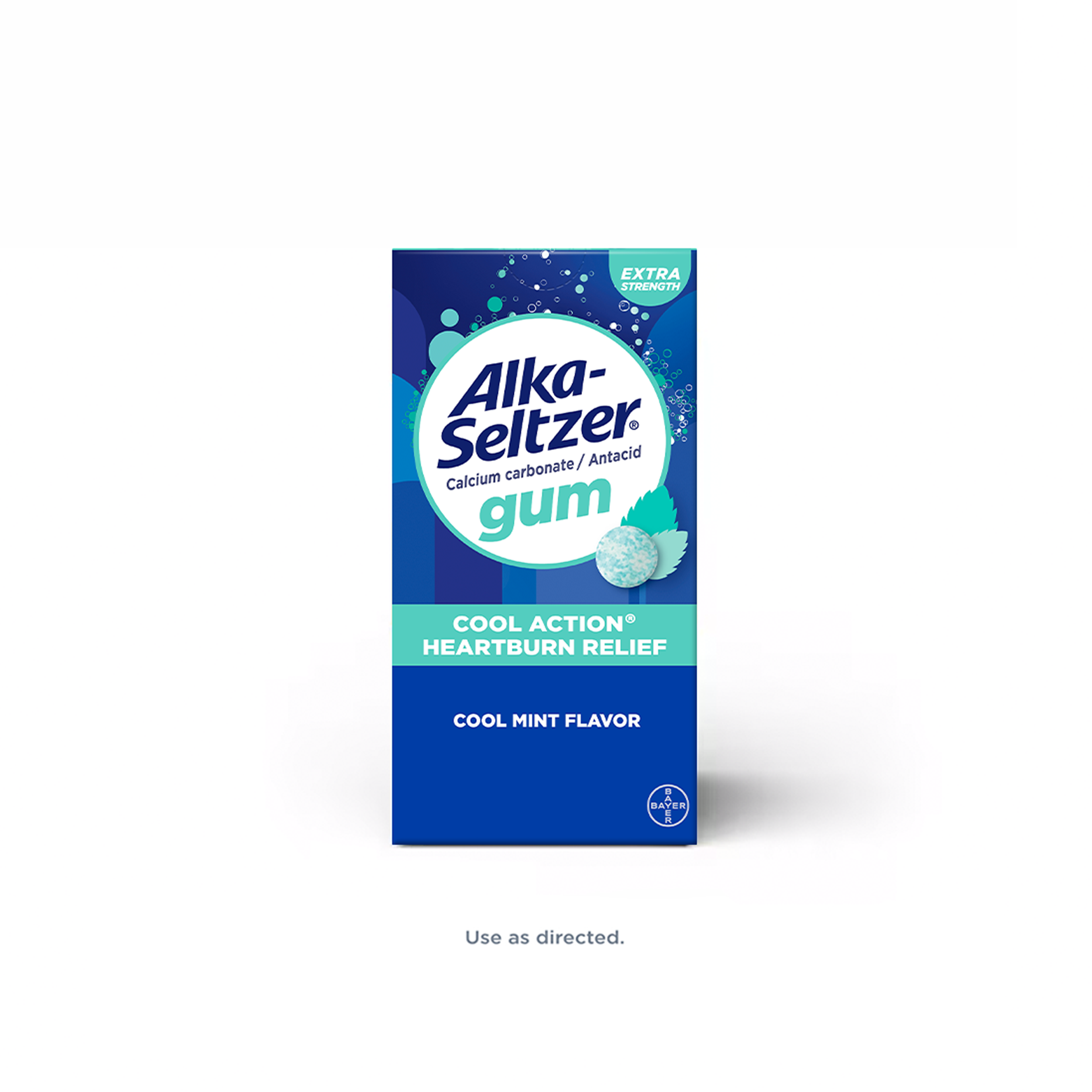 Paquete de goma de mascar Alka-Seltzer® Extra Strength Cool Action® Heartburn Relief, con carbonato de calcio / antiácido, sabor a menta fresca. Y el texto “Seguir las instrucciones de uso” aparece en la parte inferior.