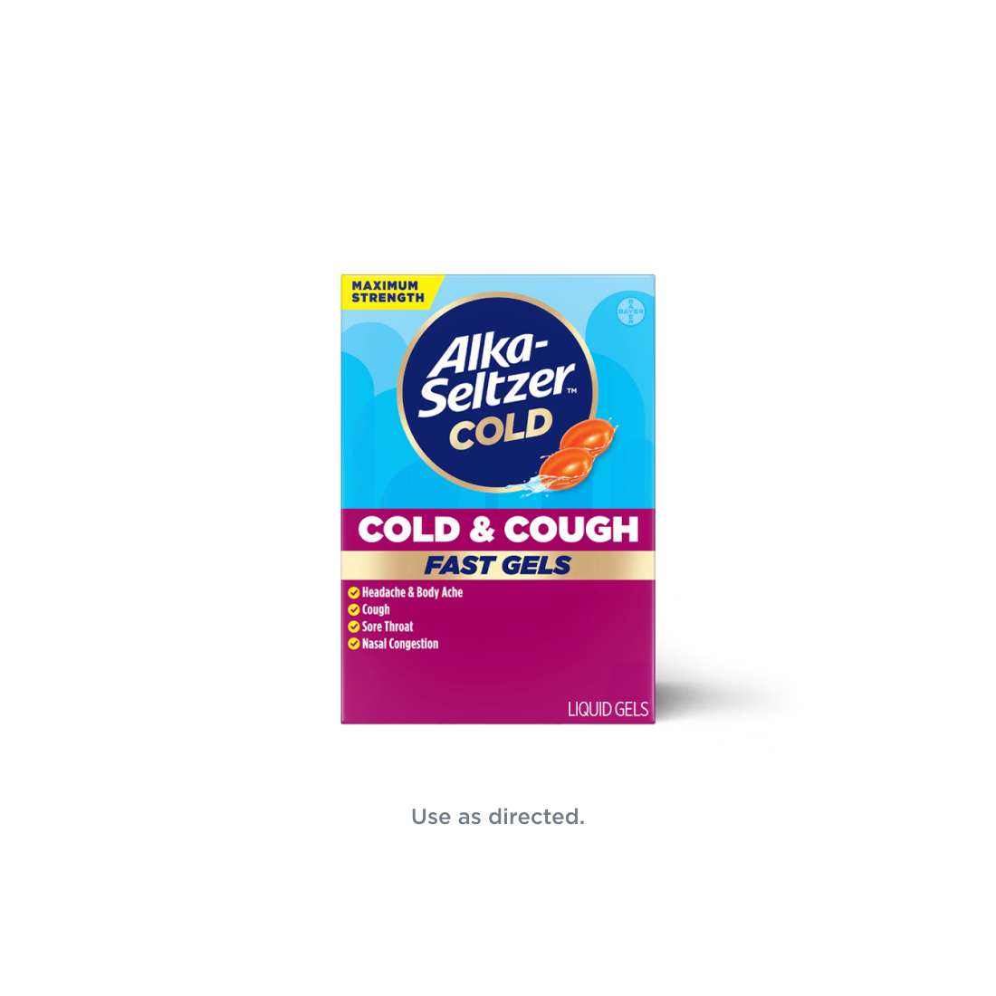 Blue and pink pack of Alka Seltzer™ Cold, Cold & Cough Maximum Strength Fast Gels.