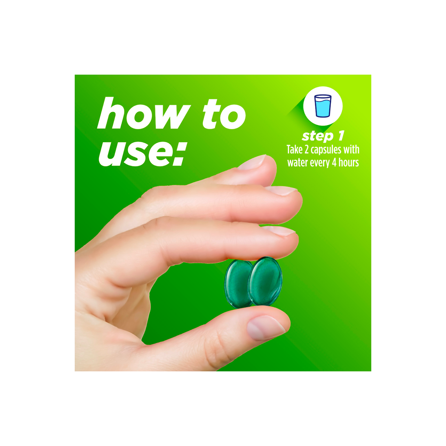 Hand holding two fast gels with instructions for taking Alka‑Seltzer™ Cold, Cold & Allergy Maximum Strength Fast Gels.