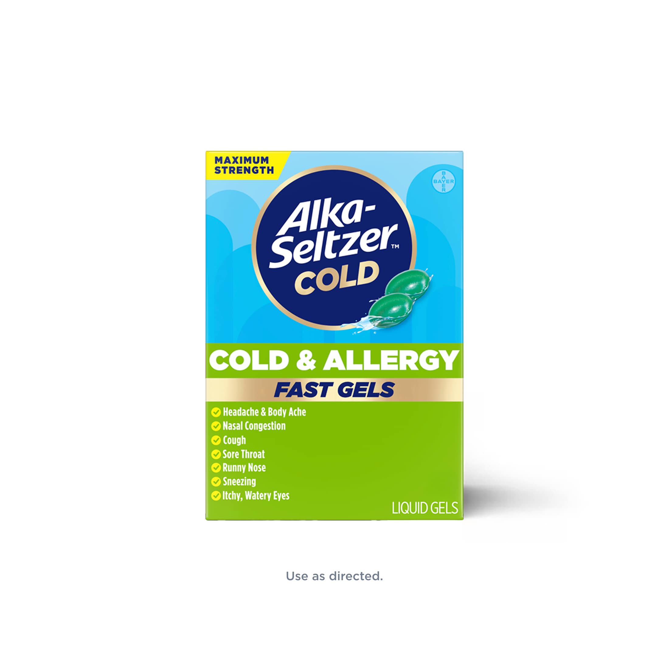 Blue and green pack of Alka‑Seltzer™ Cold, Cold & Allergy Maximum Strength Fast Gels.