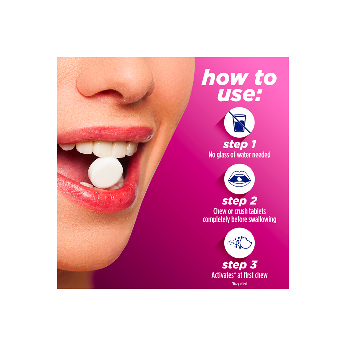 Close-up of a person taking a chewable tablet, with instructions for using Alka‑Seltzer™ Cold, Cold & Cough Fast Chewable Tablets.