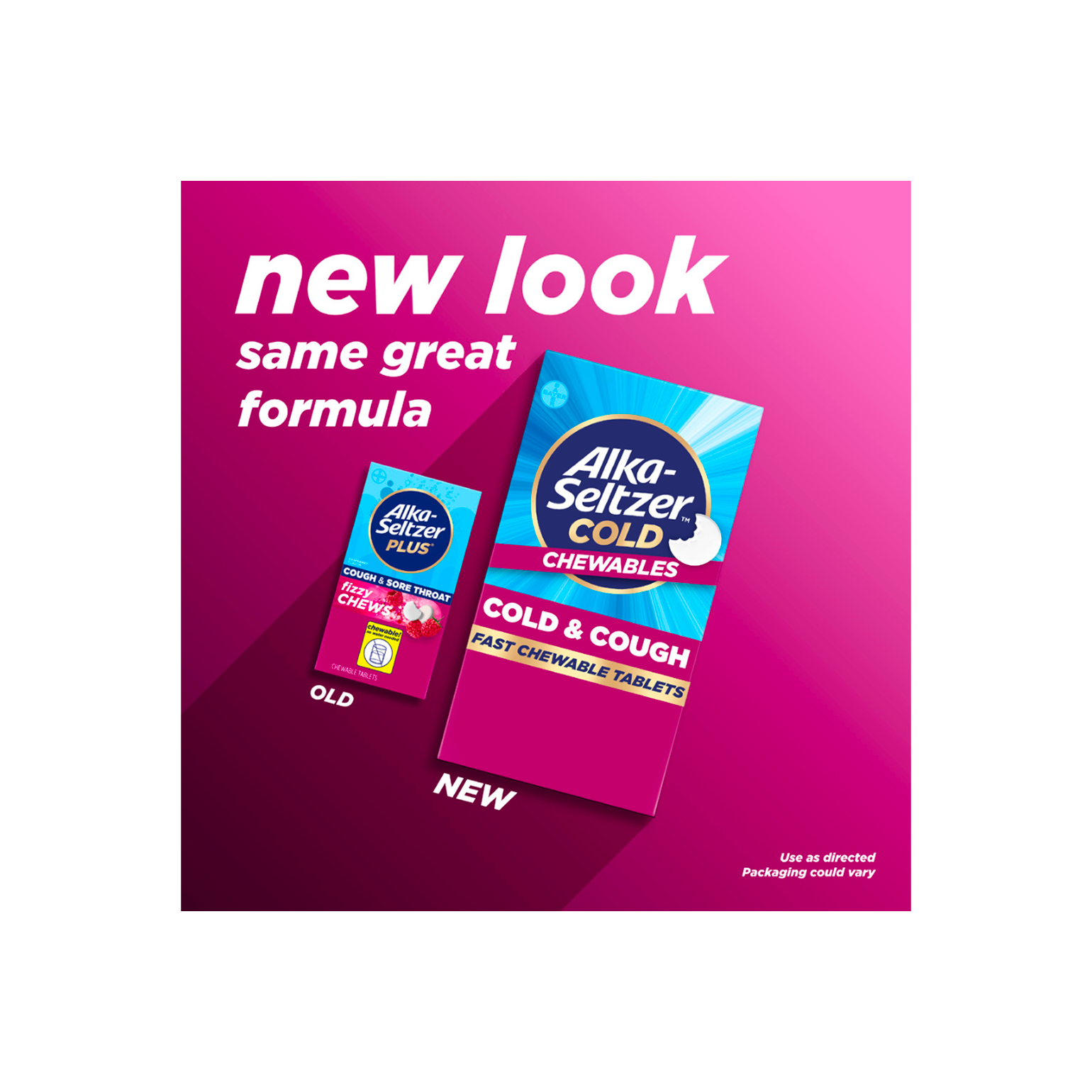Old packaging and new packaging of Alka‑Seltzer™ Cold, Cold & Cough Fast Chewable Tablets.