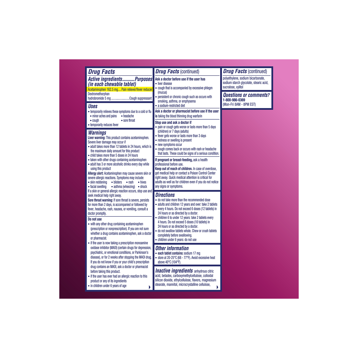 Drug facts of raspberry flavored Alka‑Seltzer™ Cold, Cold & Cough Fast Chewable Tablets, including ingredients, uses and warnings.