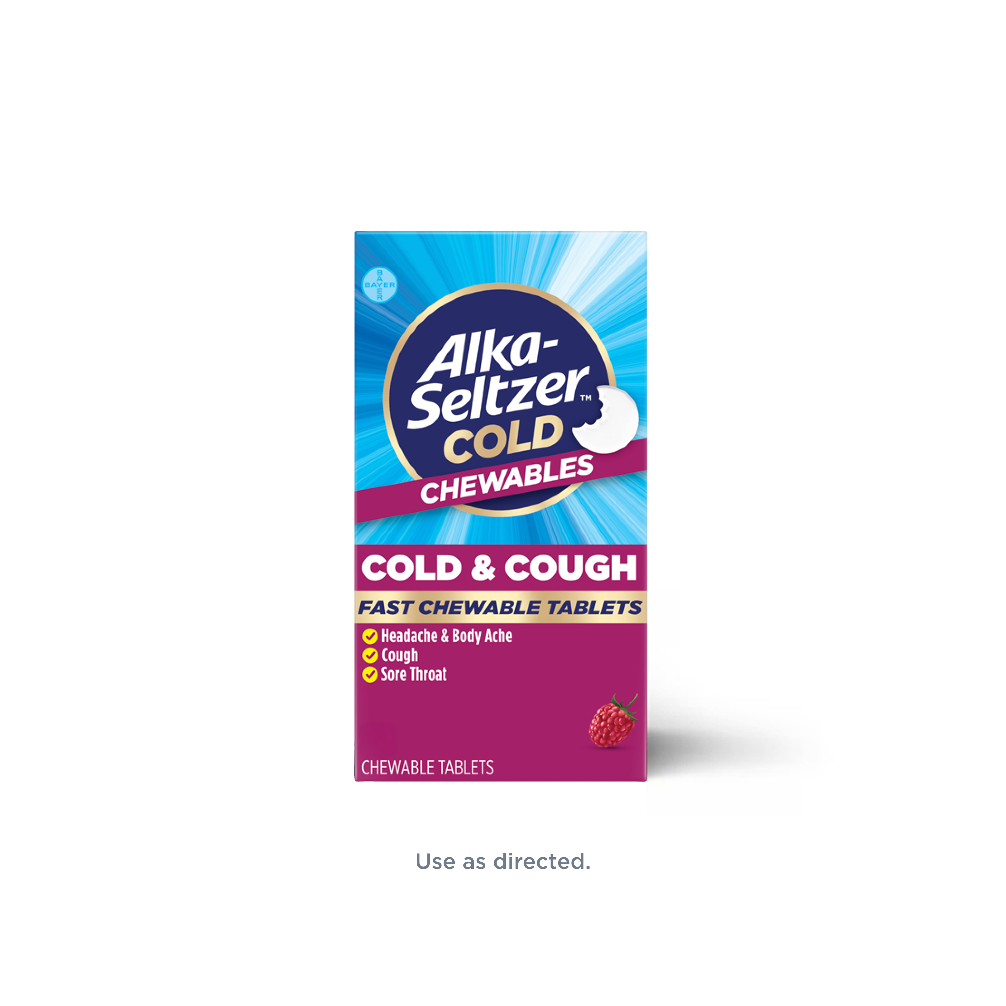 Blue and pink pack of raspberry flavored Alka‑Seltzer™ Cold, Cold & Cough Fast Chewable Tablets.