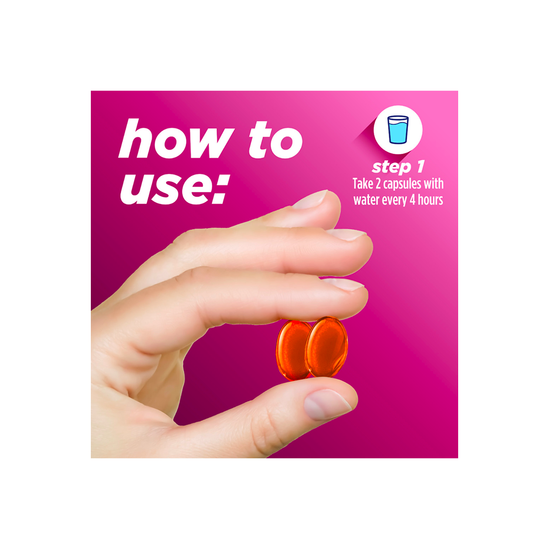 Hand holding two fast gels with instructions for taking Alka Seltzer™ Cold, Cold & Cough Maximum Strength Fast Gels.