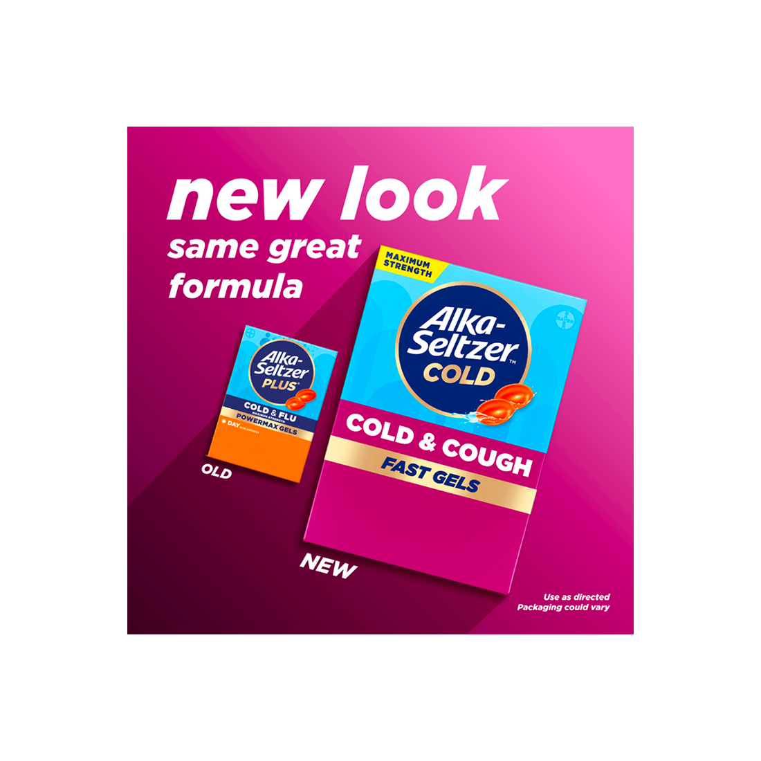 Old packaging and new packaging of Alka Seltzer™ Cold, Cold & Cough Maximum Strength Fast Gels.