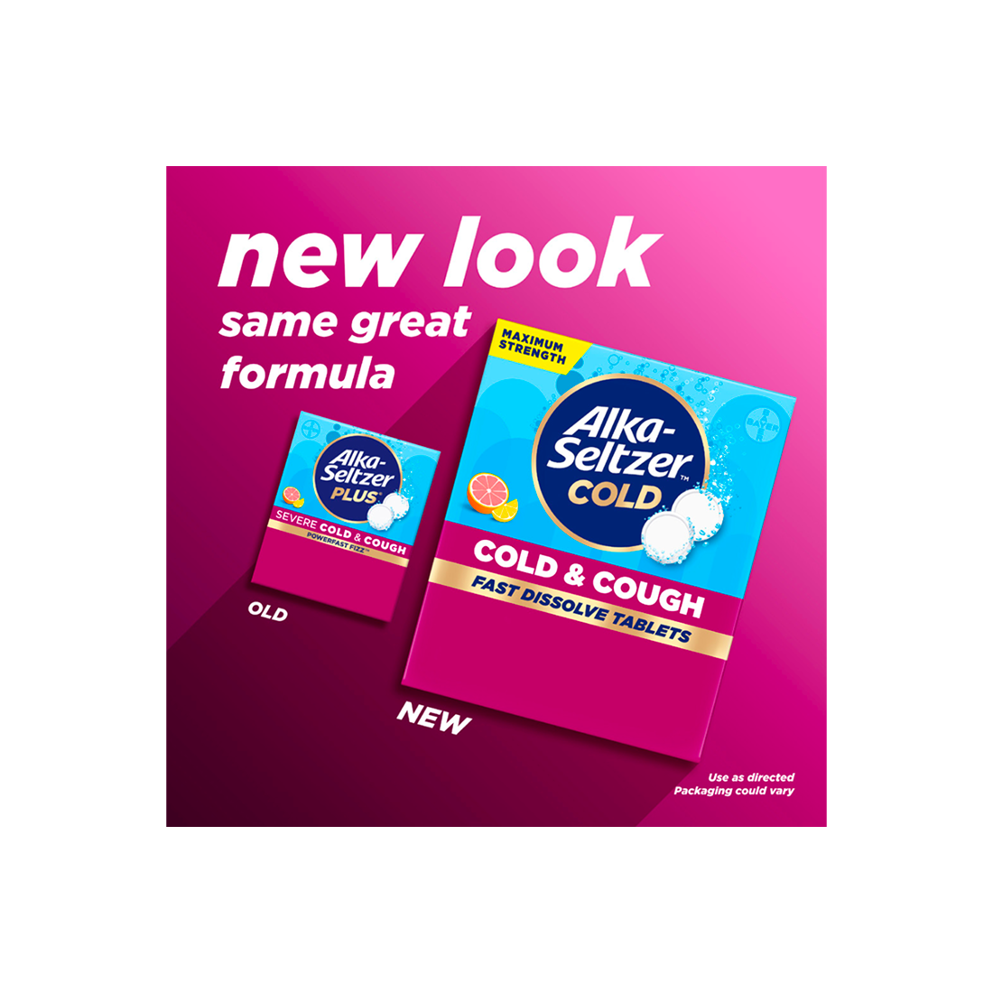 Old packaging and new packaging of Alka-Seltzer™ Cold, Cold & Cough Maximum Strength Fast Dissolve Tablets.