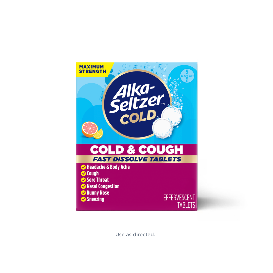 Blue and pink pack of citrus flavored Alka-Seltzer™ Cold, Cold & Cough Maximum Strength Fast Dissolve Tablets.