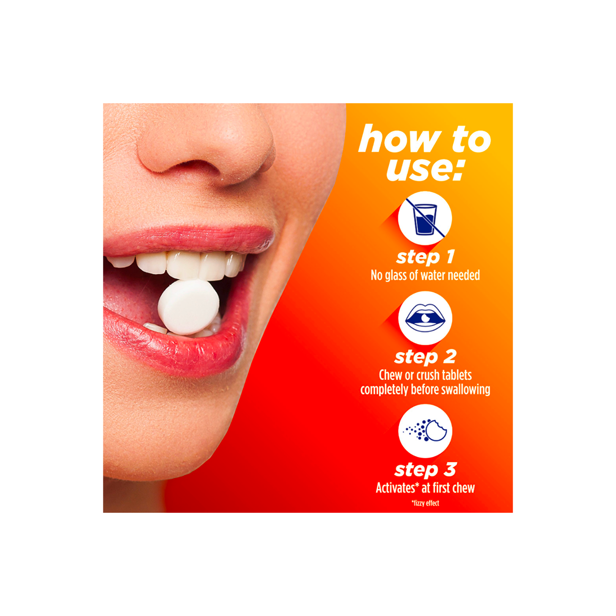 Close-up of a person taking a chewable tablet, with instructions for using Alka-Seltzer™ Cold, Cold & Flu Severe Fast Chewable Tablets.