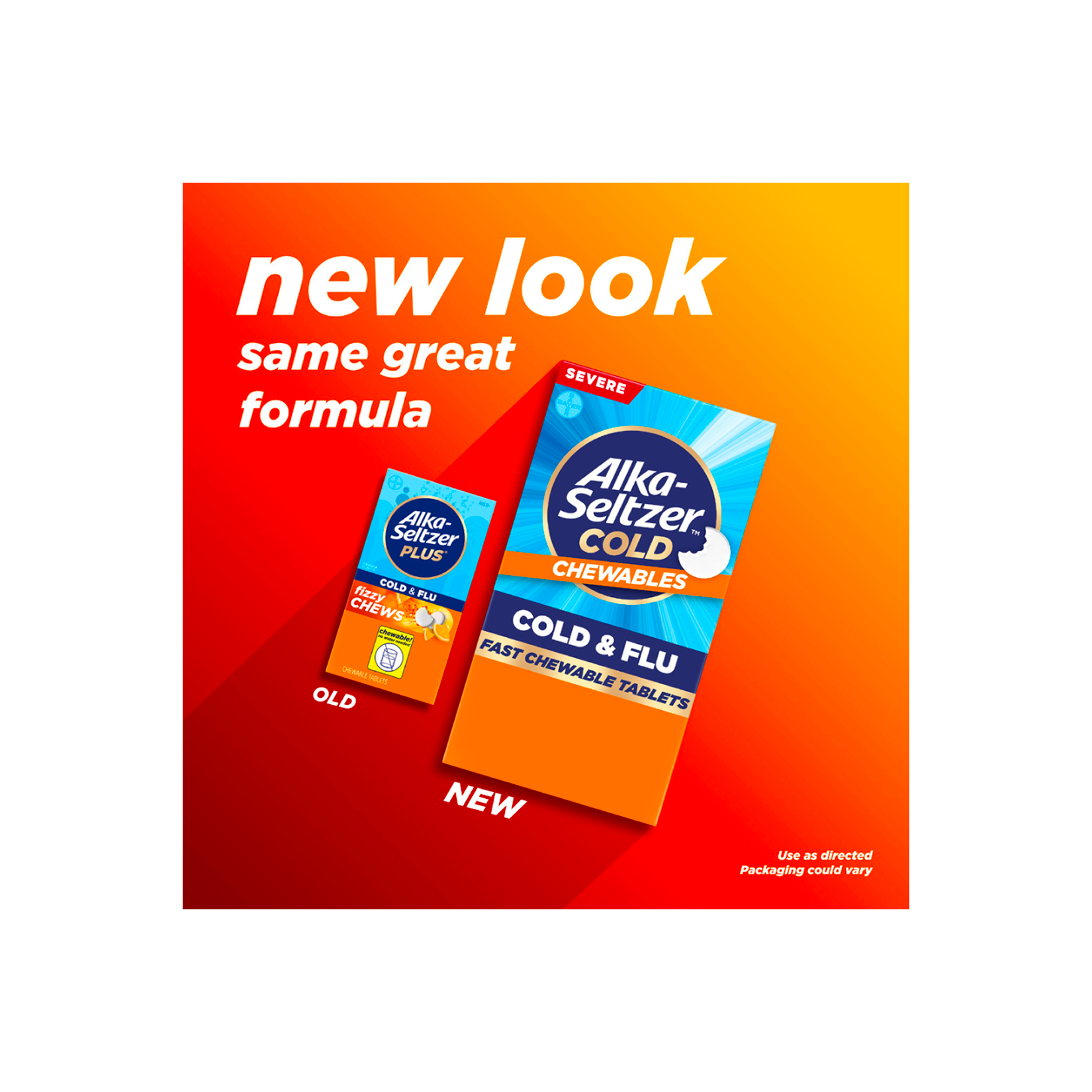 Old packaging and new packaging of Alka-Seltzer™ Cold, Cold & Flu Severe Fast Chewable Tablets.