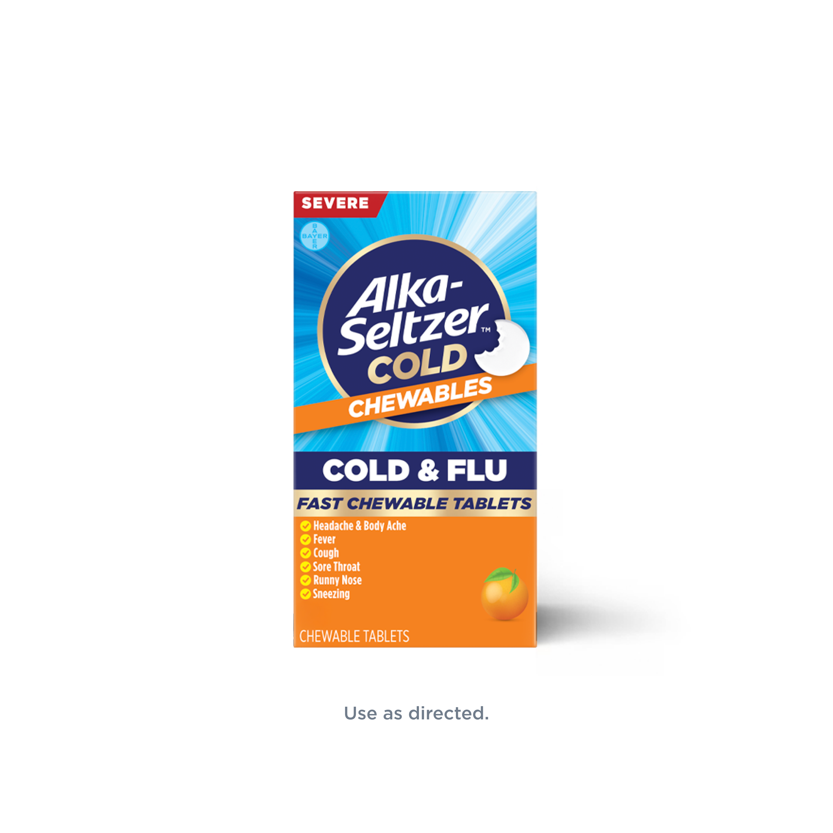 Blue and orange pack of orange flavored Alka-Seltzer™ Cold, Cold & Flu Severe Fast Chewable Tablets, Orange Flavor.