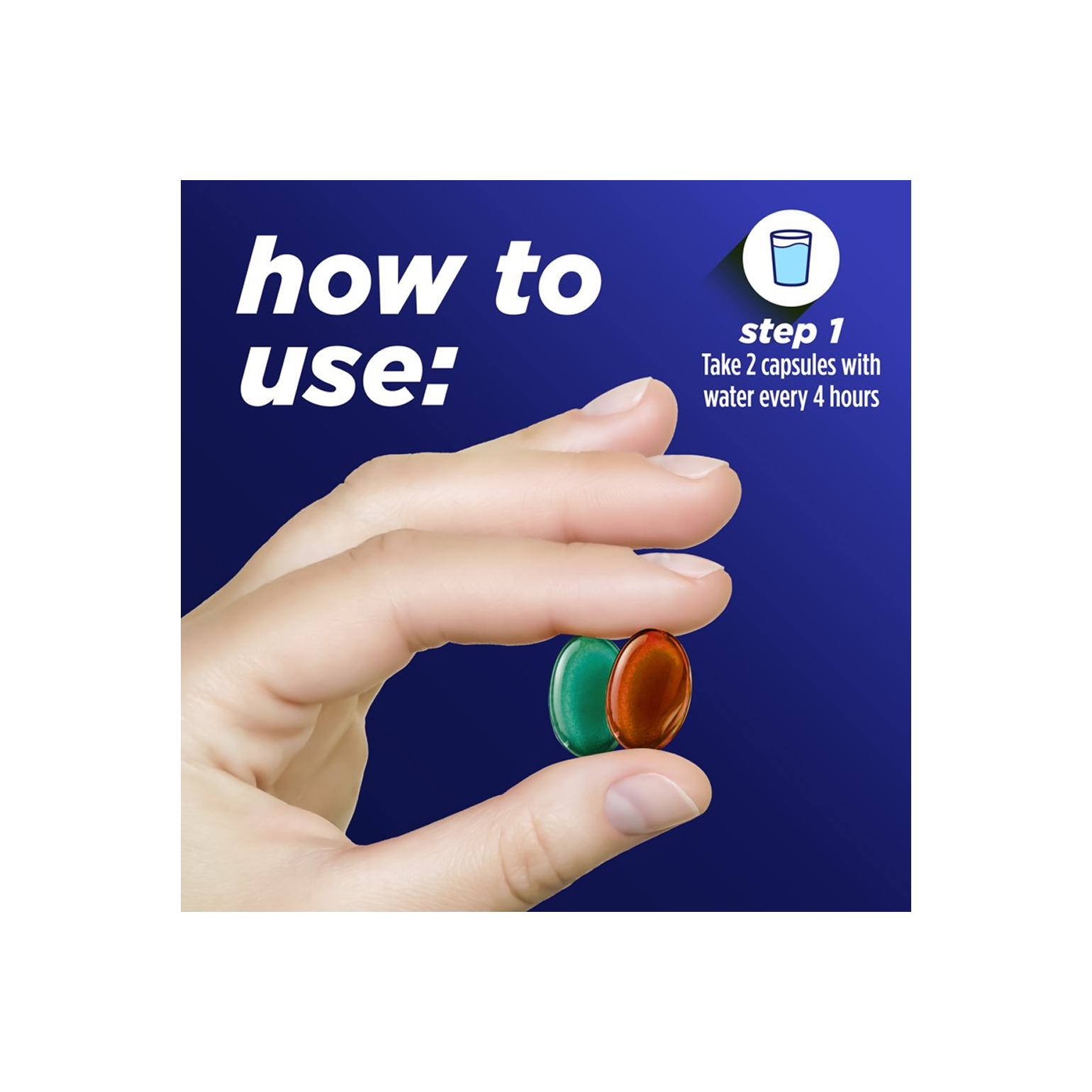 Hand holding two fast gels with instructions for taking Alka-Seltzer™ Cold, Cold + Congestion Severe Day/Night Fast Gels.