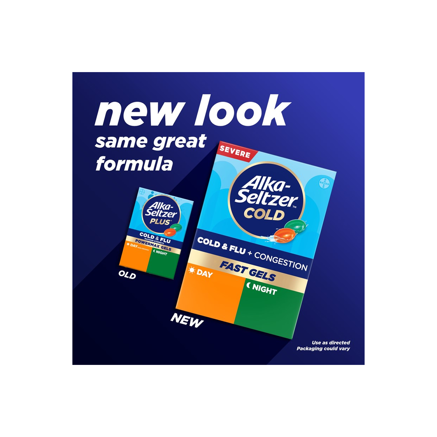 Old packaging and new packaging of Alka-Seltzer™ Cold, Cold + Congestion Severe Day/Night Fast Gels.