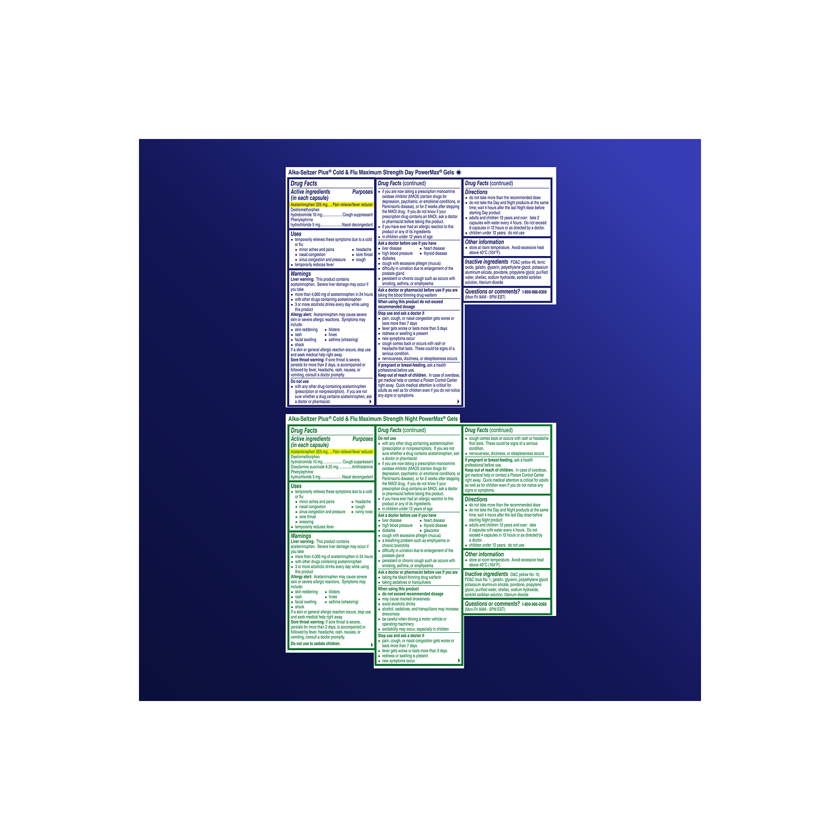 Drug facts of Alka-Seltzer™ Cold, Cold + Congestion Severe Day/Night Fast Gels, including ingredients, uses and warnings.
