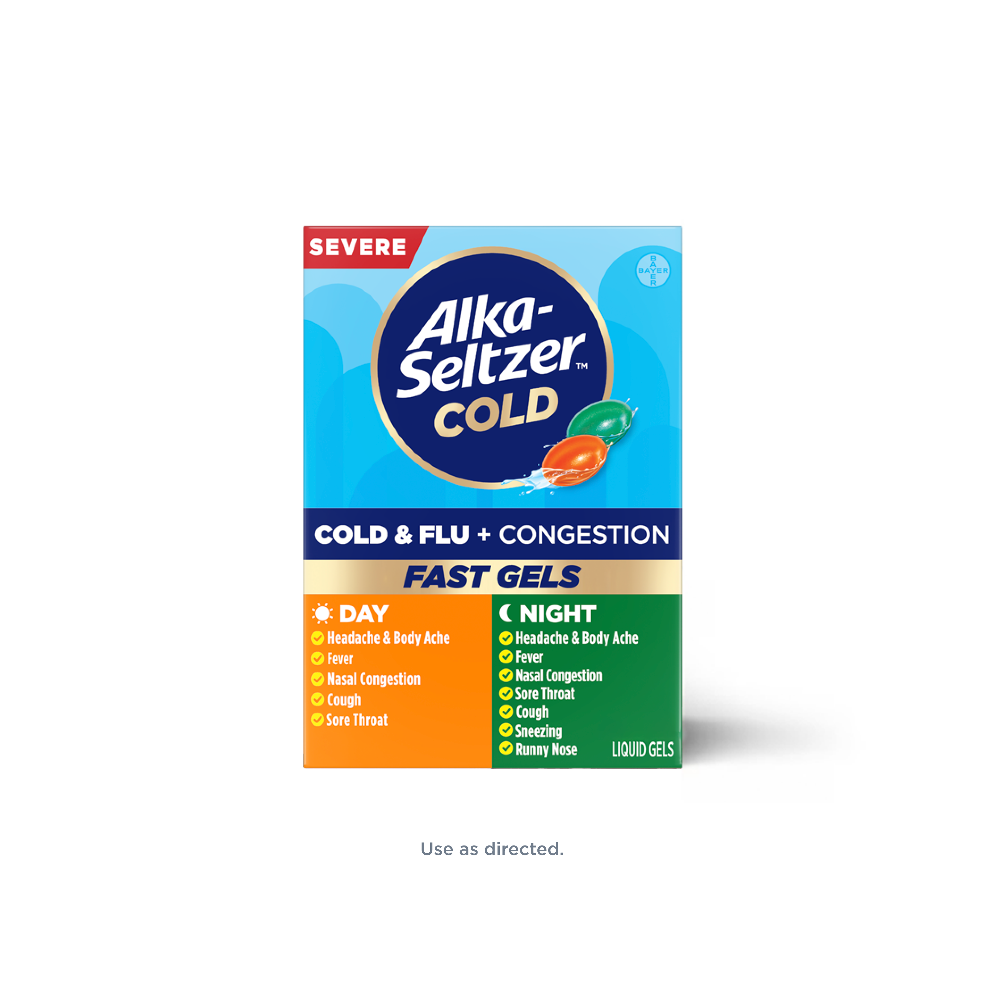 Blue and orange pack of Alka-Seltzer™ Cold, Cold + Congestion Severe Day/Night Fast Gels.