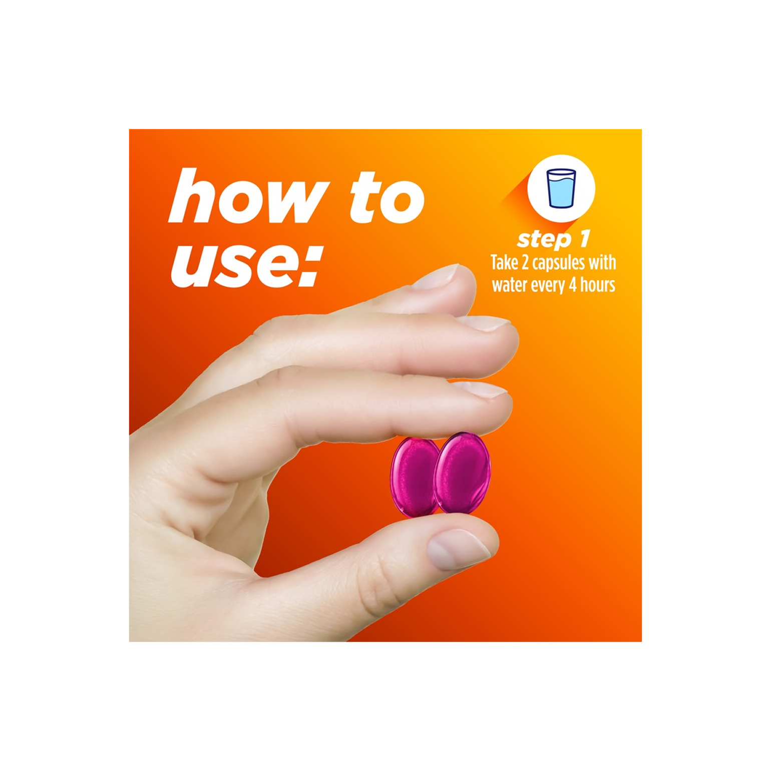 Hand holding two fast gels with instructions for taking Alka‑Seltzer™ Cold, Cold & Flu + Congestion Severe Fast Gels.