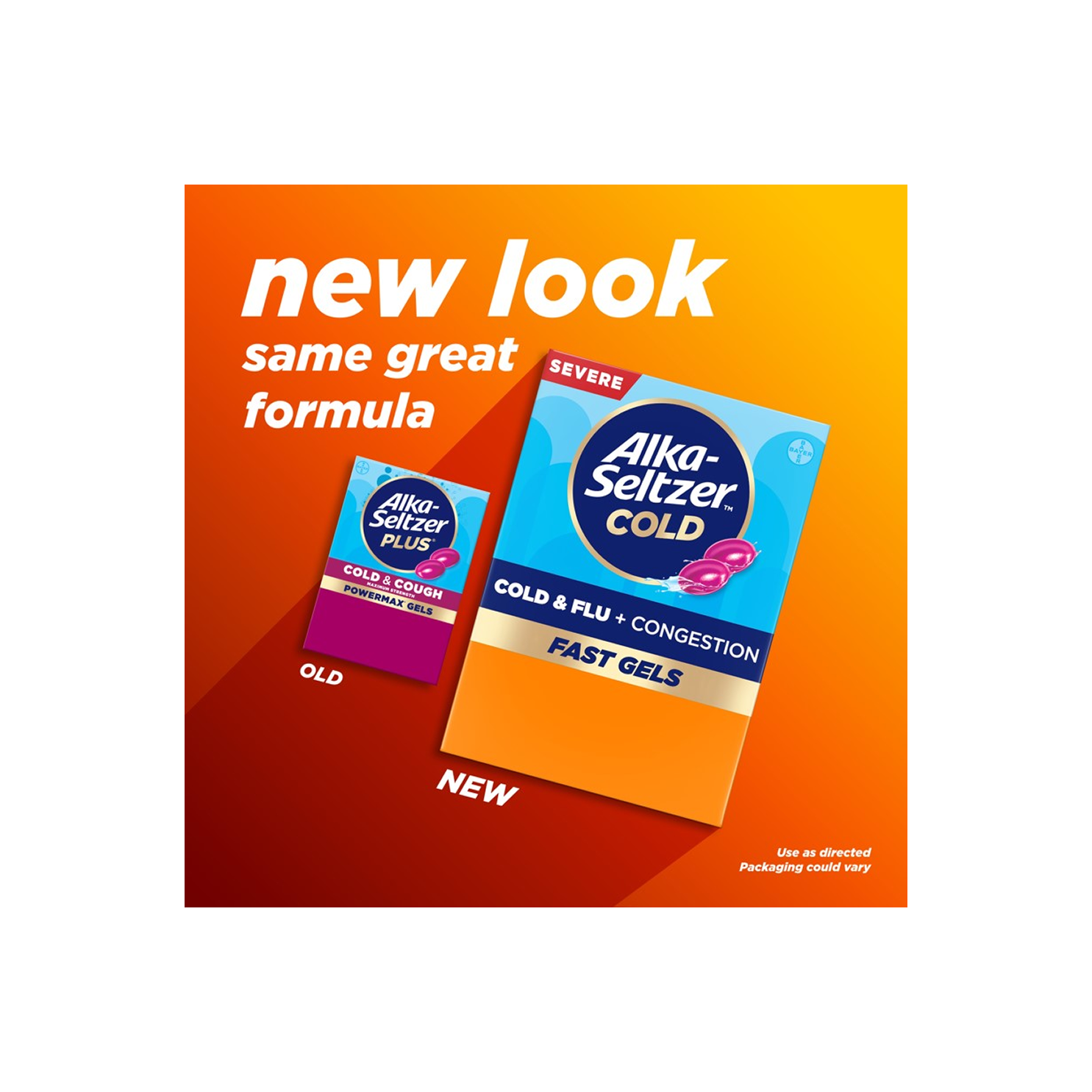 Old packaging and new packaging of Alka‑Seltzer™ Cold, Cold & Flu + Congestion Severe Fast Gels.