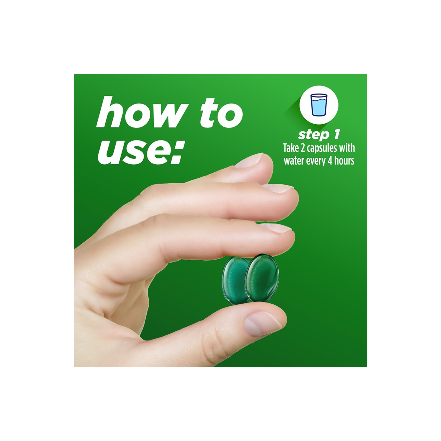 Hand holding two fast gels with instructions for taking Alka‑Seltzer™ Cold, Cold & Flu + Congestion Severe Night Fast Gels.