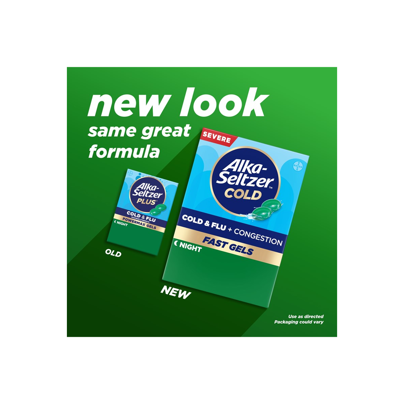 Old packaging and new packaging of Alka‑Seltzer™ Cold, Cold & Flu + Congestion Severe Night Fast Gels.