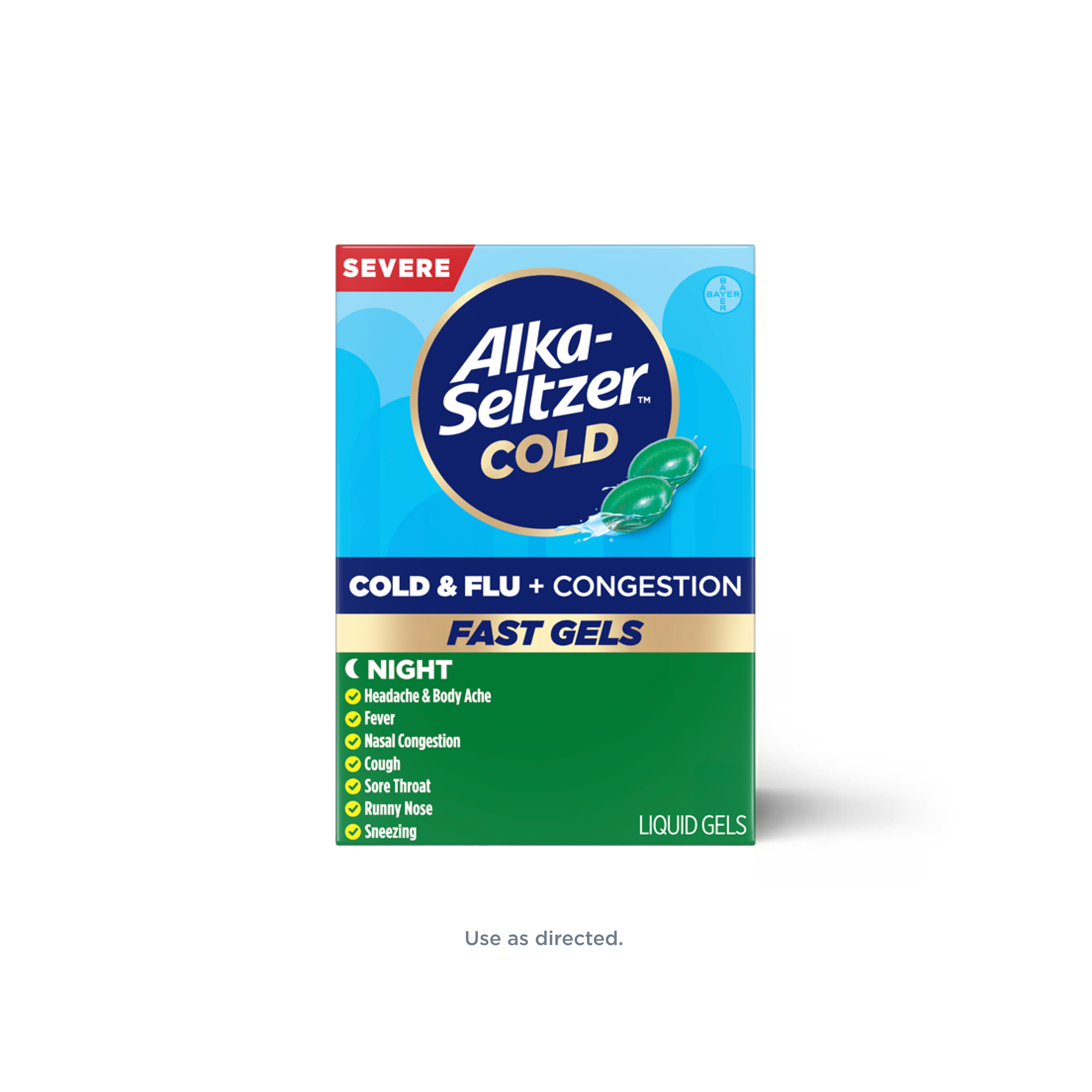 Blue and green pack of Alka‑Seltzer™ Cold, Cold & Flu + Congestion Severe Night Fast Gels.
