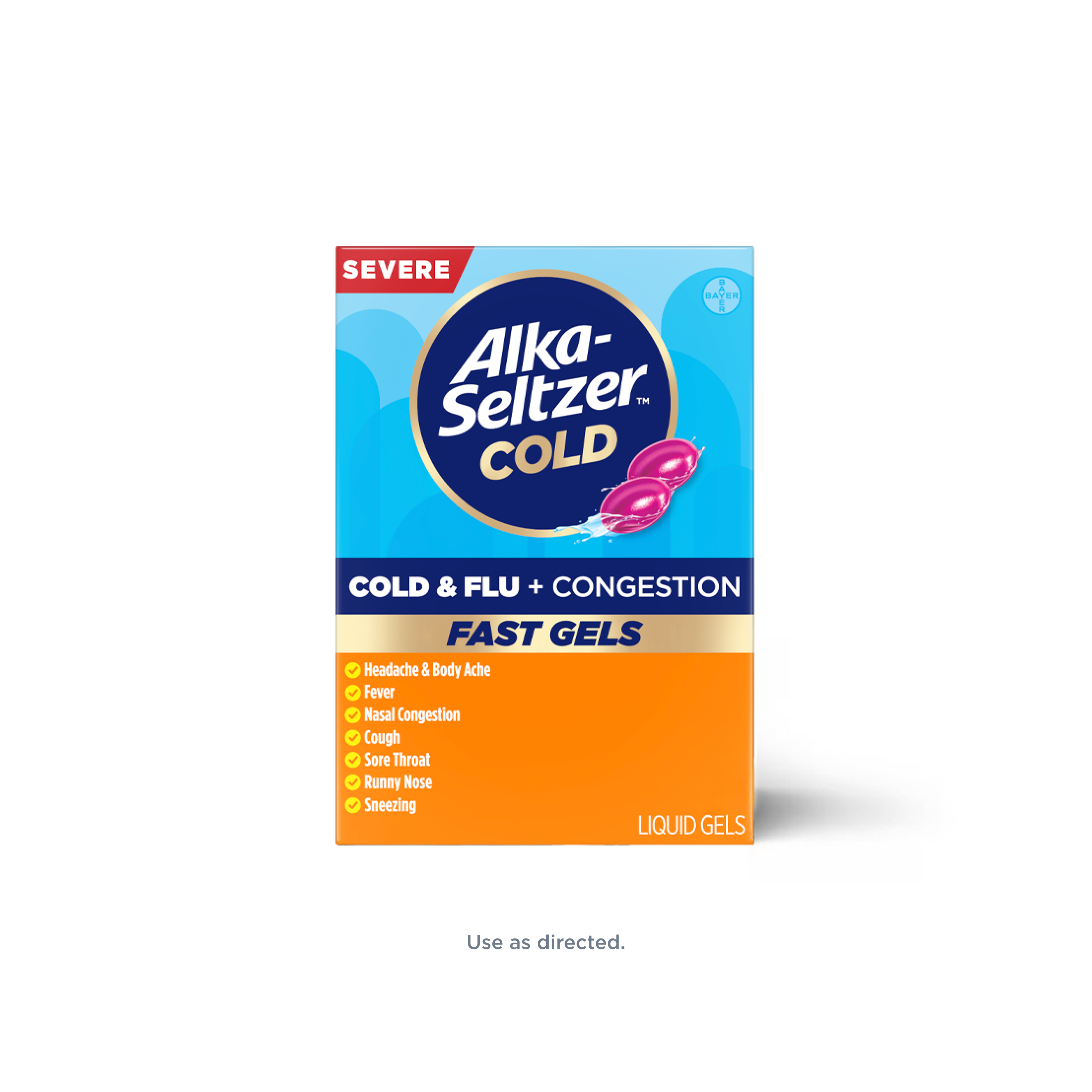 Blue and orange pack of Alka‑Seltzer™ Cold, Cold & Flu + Congestion Severe Fast Gels.