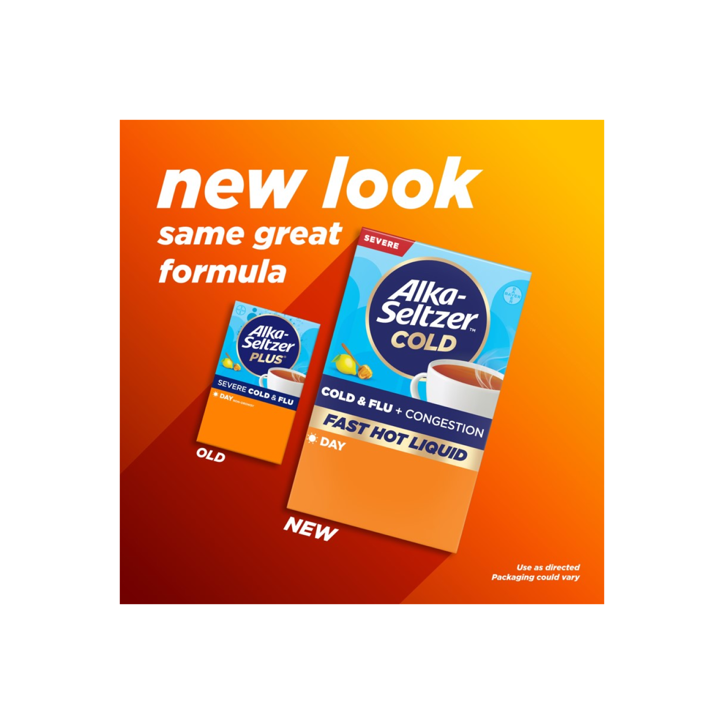 Old packaging and new packaging of Alka‑Seltzer™ Cold, Cold & Flu + Congestion Severe Day Fast Hot Liquid.