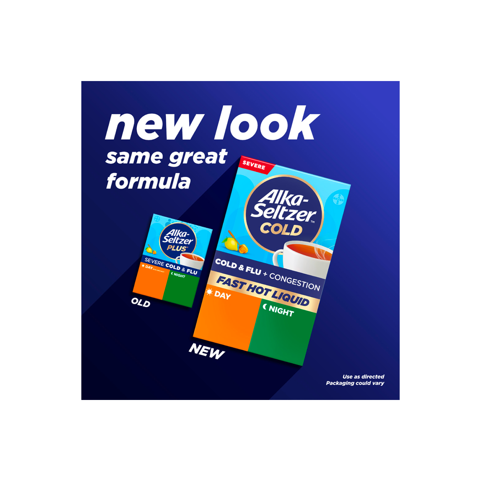 Old packaging and new packaging of Alka‑Seltzer™ Cold, Cold & Flu + Congestion Severe Day/Night Fast Hot Liquid.