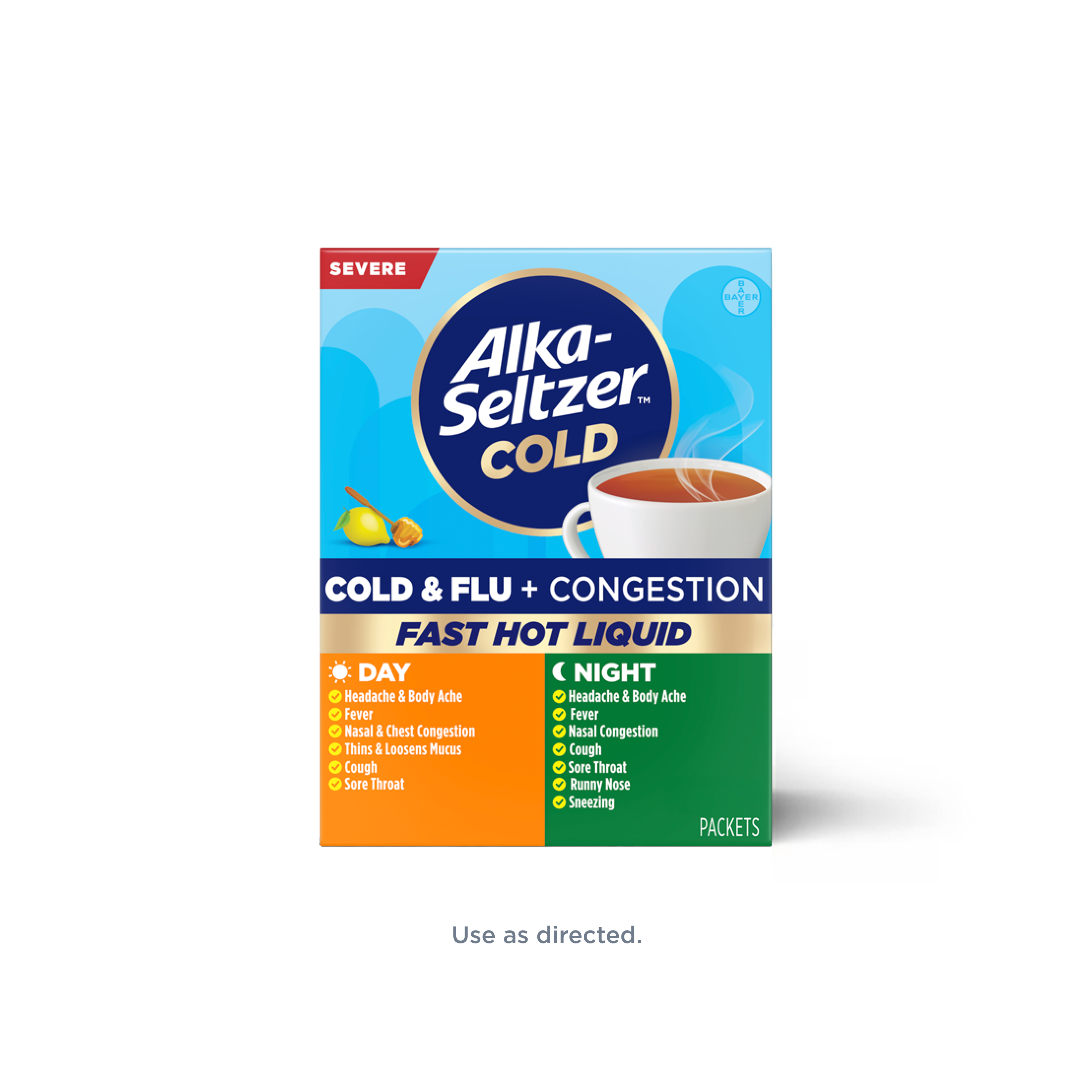Blue-orange-green pack of honey lemon flavored Alka‑Seltzer™ Cold, Cold & Flu + Congestion Severe Fast Hot Liquid mix for day & nighttime relief.