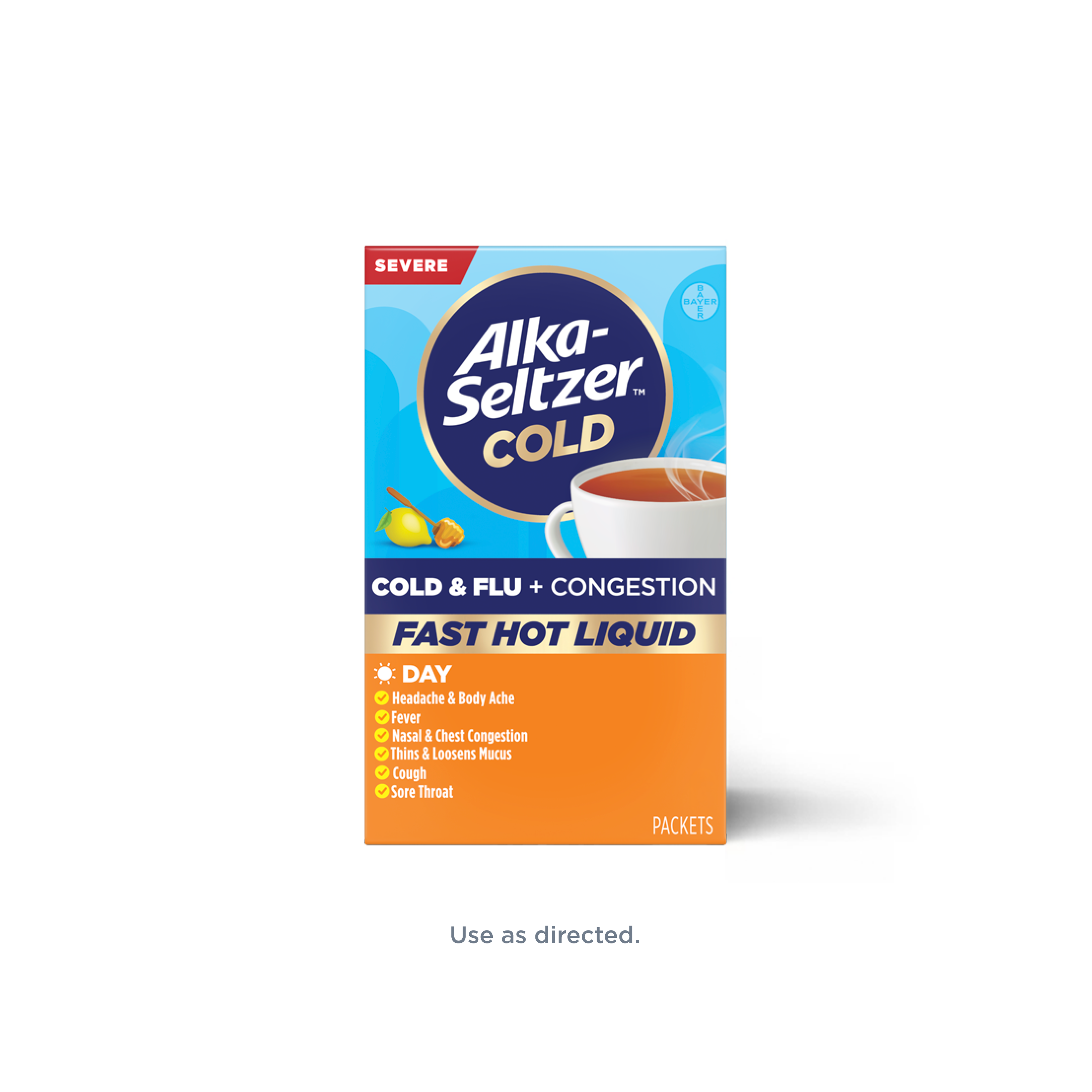 Blue-orange pack of honey lemon flavored Alka‑Seltzer™ Cold, Cold & Flu + Congestion Severe Day Fast Hot Liquid mix for daytime relief.