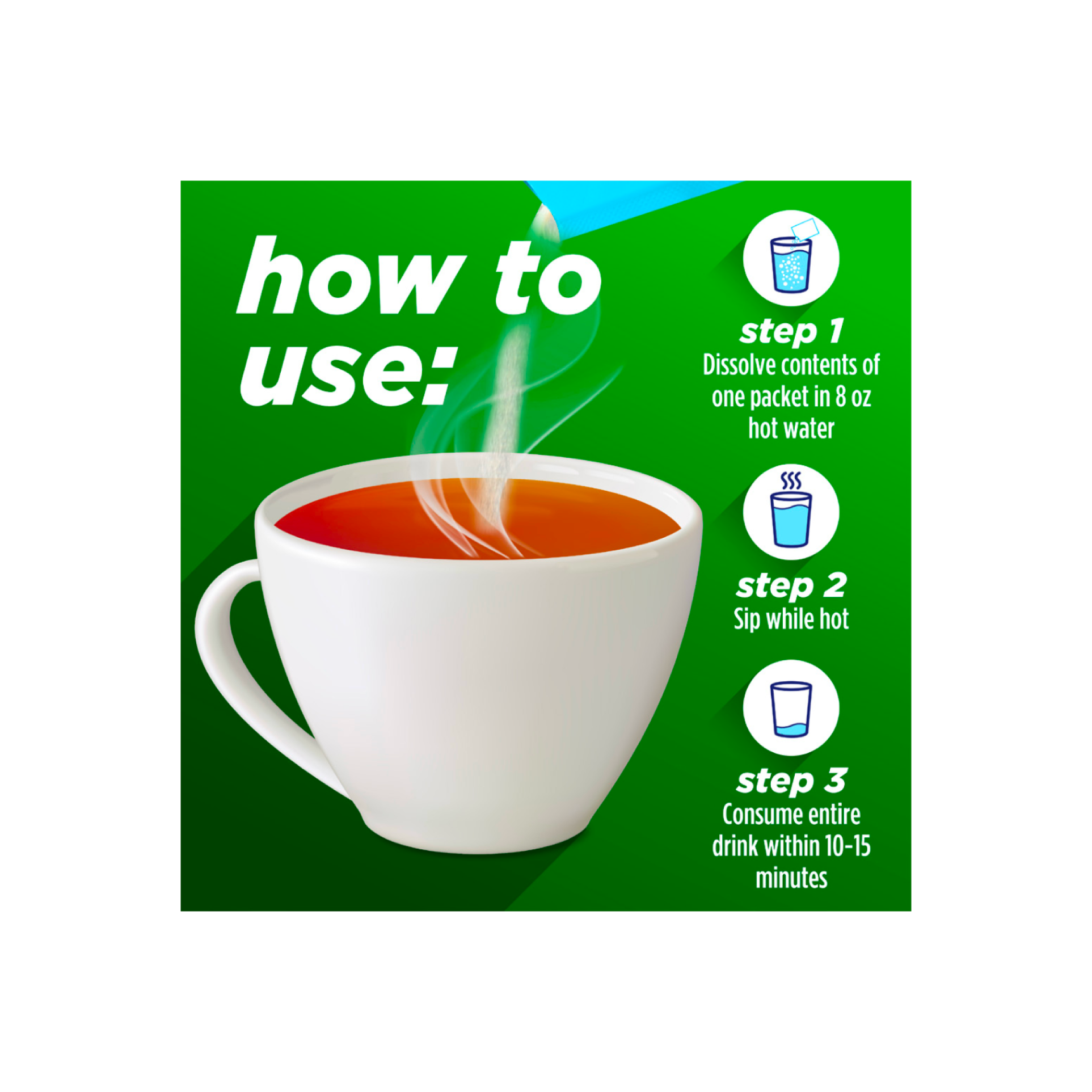 Cup of hot tea with instructions for preparing and taking Alka‑Seltzer™ Cold, Cold & Flu + Congestion Severe Night Fast Hot Liquid mix.