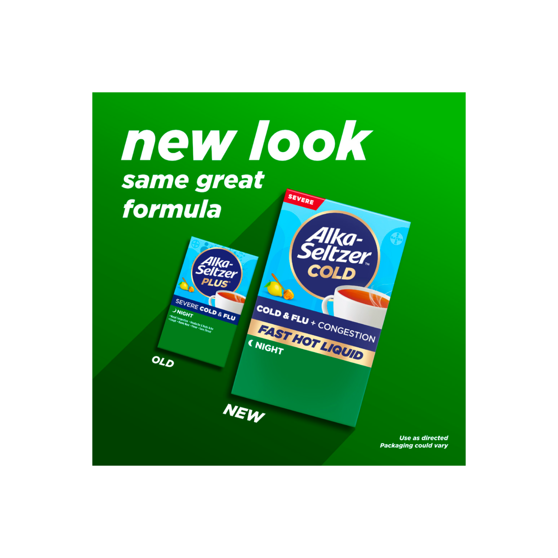 Old packaging and new packaging of Alka‑Seltzer™ Cold, Cold & Flu + Congestion Severe Night Fast Hot Liquid.