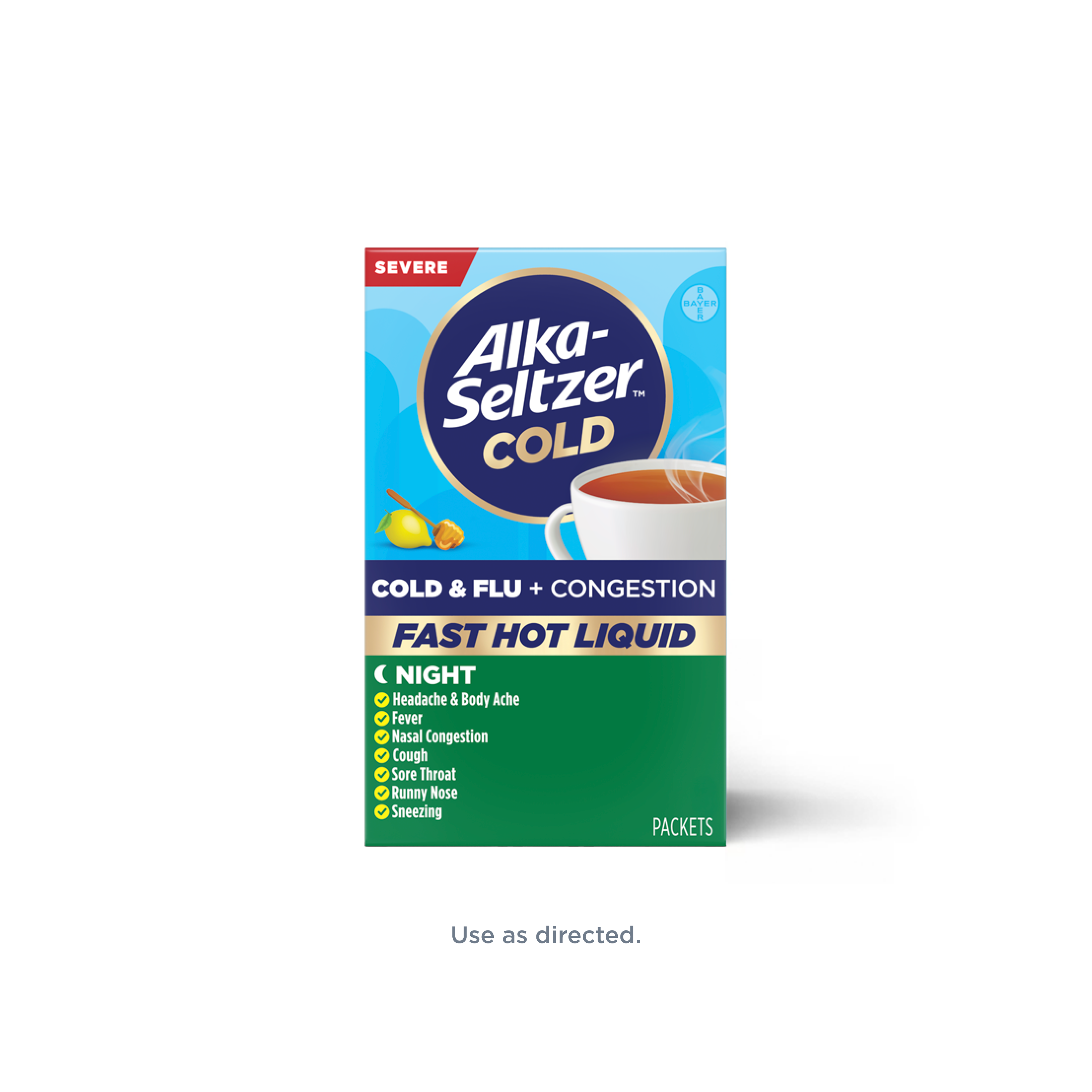 Blue-green pack of honey lemon flavored Alka-Seltzer™ Cold, Cold & Flu + Congestion Severe Fast Hot Liquid mix for nighttime relief.