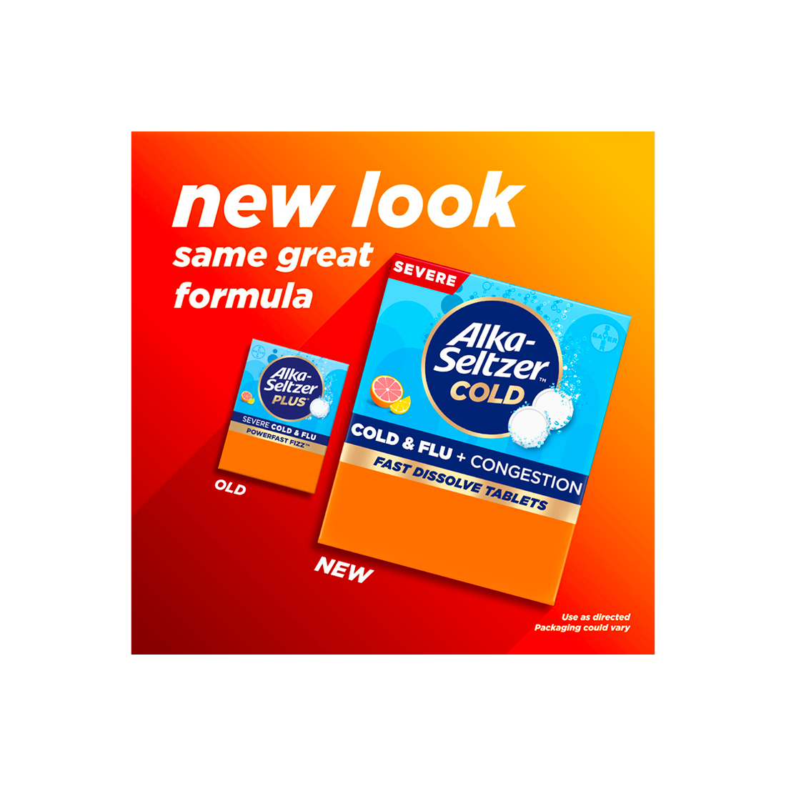 Old packaging and new packaging of Alka-Seltzer™ Cold, Cold & Flu + Congestion Severe Fast Dissolve Tablets.
