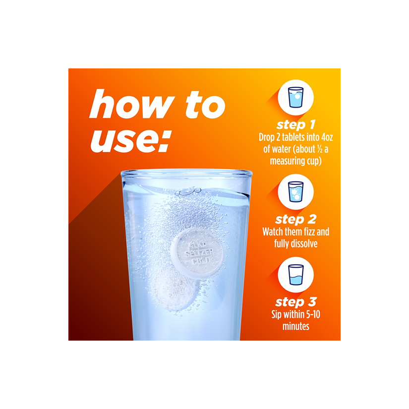 A glass of water and 3 steps instructions for using strawberry honey flavored Alka-Seltzer™ Cold, Cold & Flu + Congestion Severe Fast Dissolve Tablets.