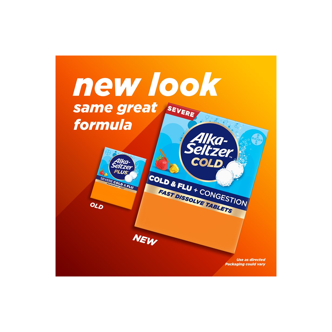 Old and new packaging of Alka-Seltzer™ Cold, Cold & Flu + Congestion Severe Fast Dissolve Tablets, strawberry honey flavor.