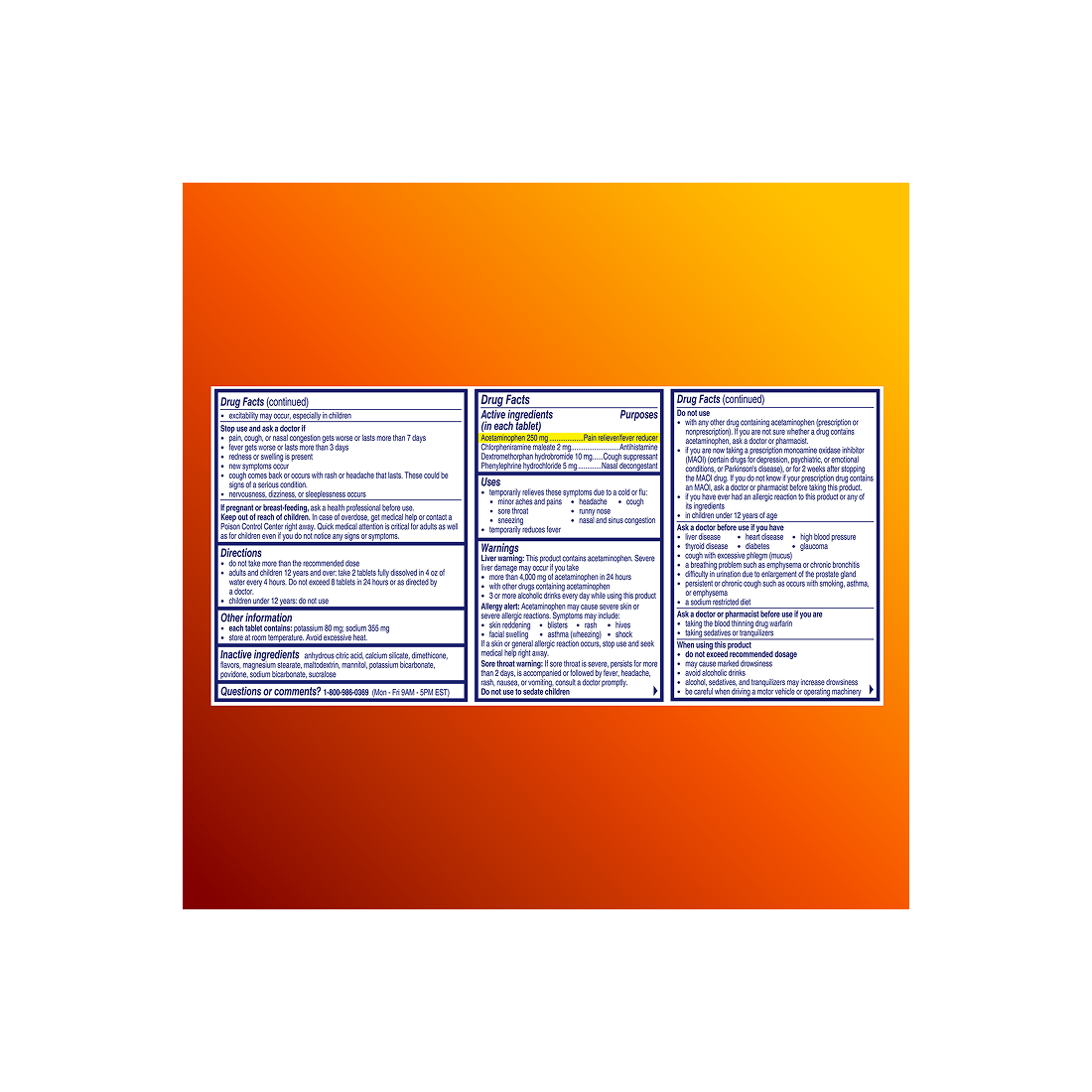Drug Facts of Alka-Seltzer™ Cold, Cold & Flu + Congestion Severe Fast Dissolve Tablets.
