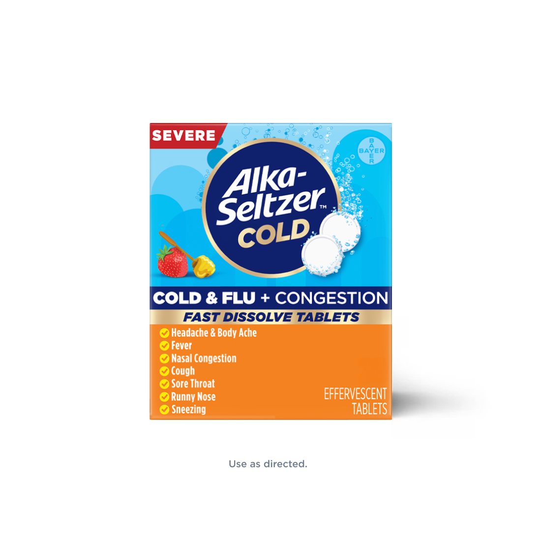 Blue and orange pack of strawberry honey flavored Alka-Seltzer™ Cold, Cold & Flu + Congestion Severe Fast Dissolve Tablets.
