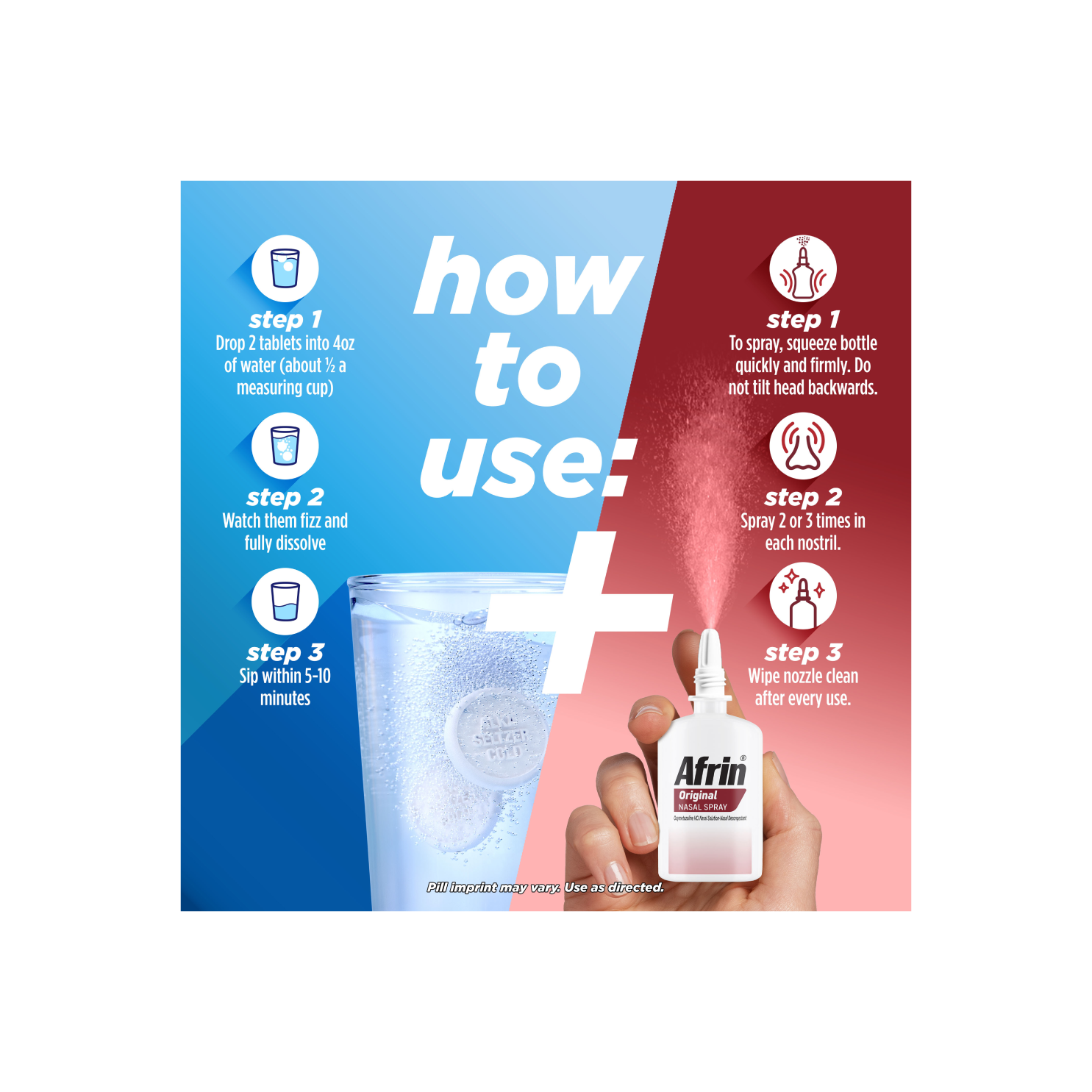 Graphic showing instructions for taking Alka-Seltzer™ Cold, Cold & Flu Severe Tablets with water and using Afrin® Original nasal spray.