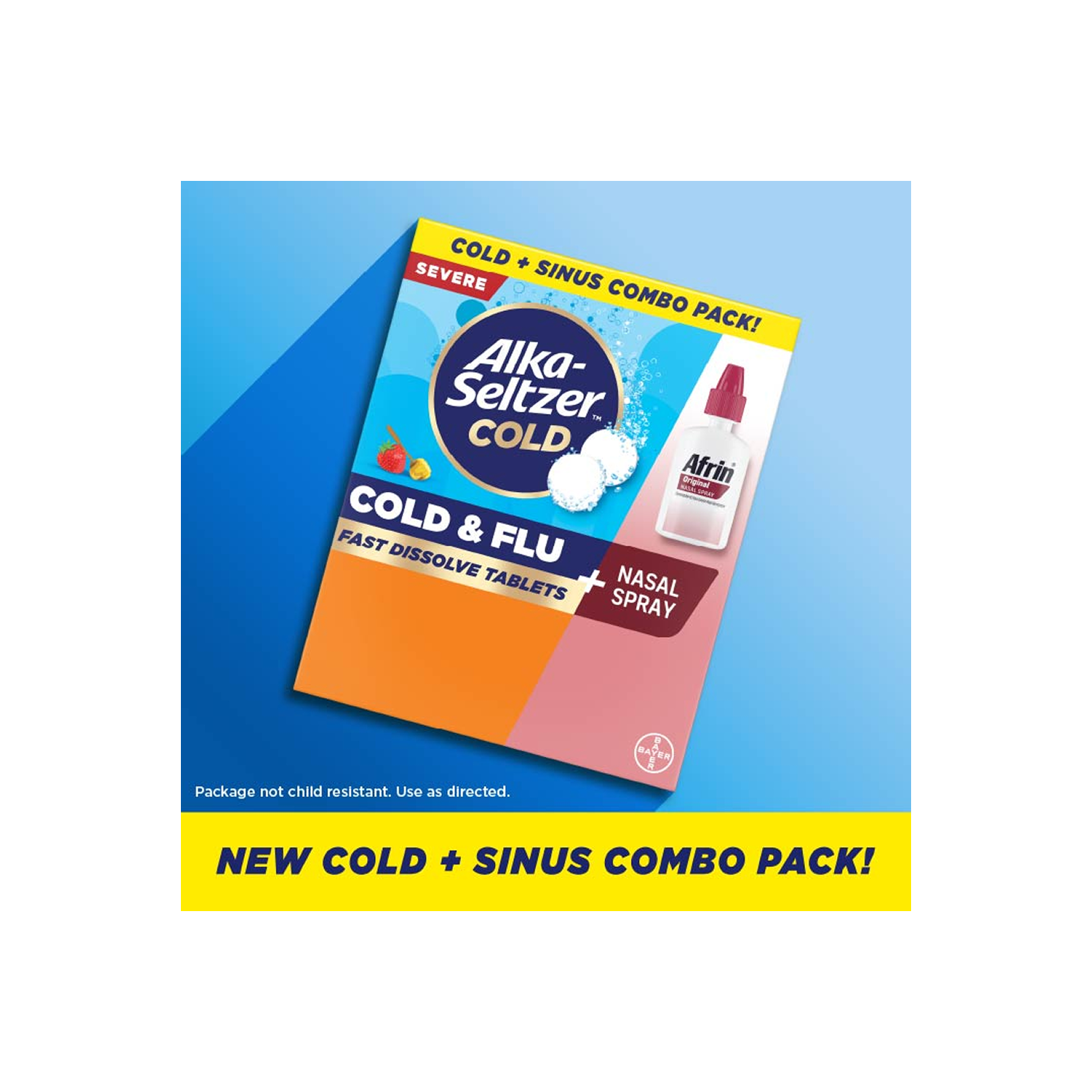 New Combo pack of Alka-Seltzer™ Cold, Cold & Flu Severe Tablets with Afrin® Original Spray in blue background.