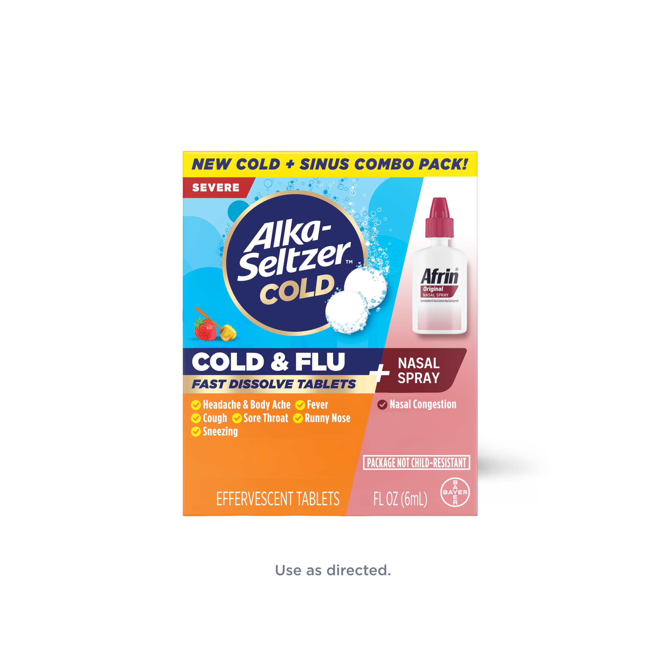 Combo pack of Alka-Seltzer™ Cold, Cold & Flu Severe Tablets with Afrin® Original Spray.