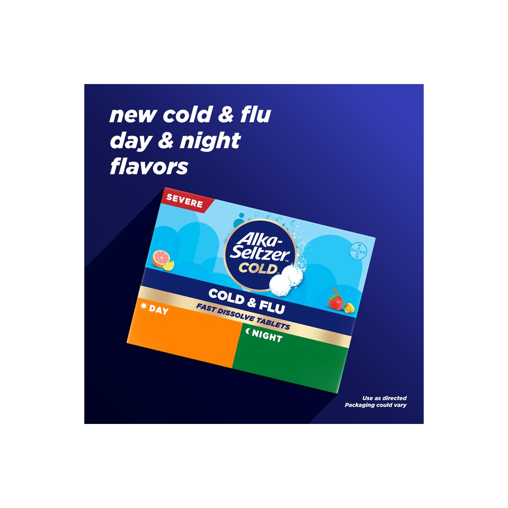 New packaging of Alka‑Seltzer™ Cold, Cold & Flu Severe Day/Night Fast Dissolve Tablets.