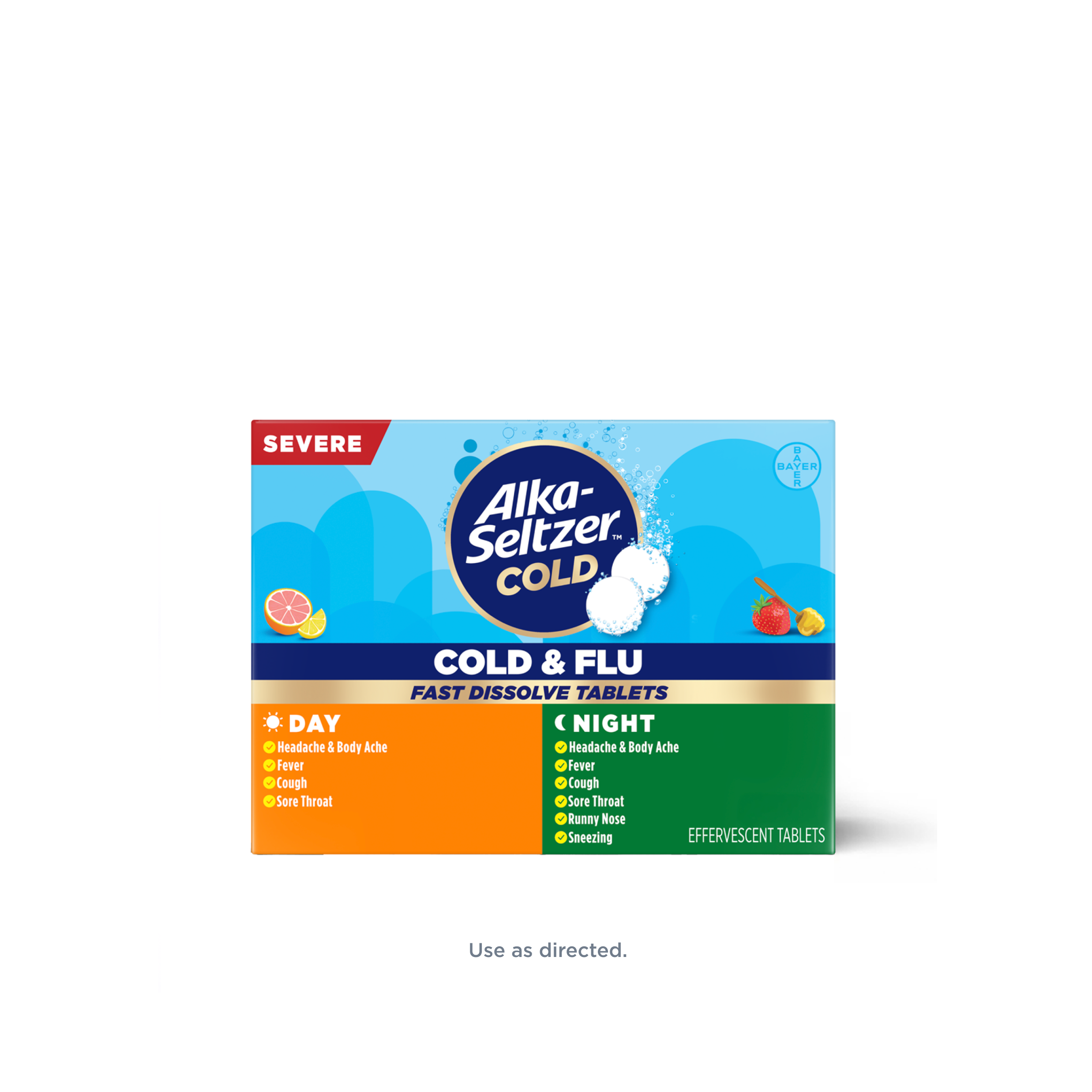 Blue-orange-green pack of Alka‑Seltzer™ Cold, Cold & Flu Severe Fast Dissolve Tablets for day and nighttime relief.
