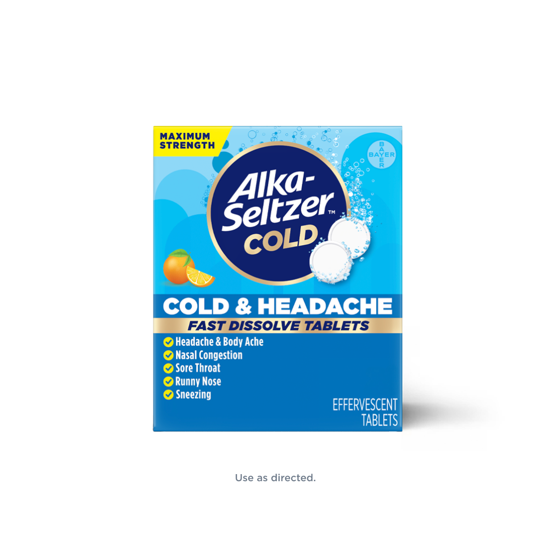 Blue pack of orange flavored Alka‑Seltzer™ Cold, Cold & Headache Maximum Strength Fast Dissolve Tablets.