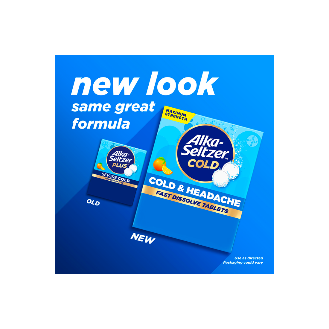 Old packaging and new packaging of orange flavored Alka‑Seltzer™ Cold, Cold & Headache Maximum Strength Fast Dissolve Tablets.