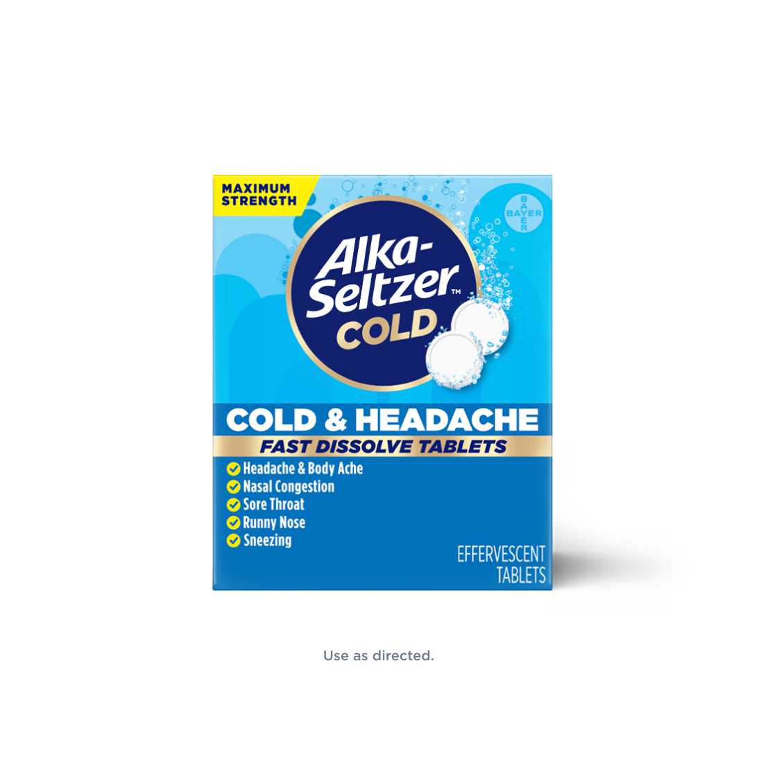 Blue pack of original flavor Alka-Seltzer™ Cold, Cold & Headache Maximum Strength Fast Dissolve Tablets, Original Flavor.