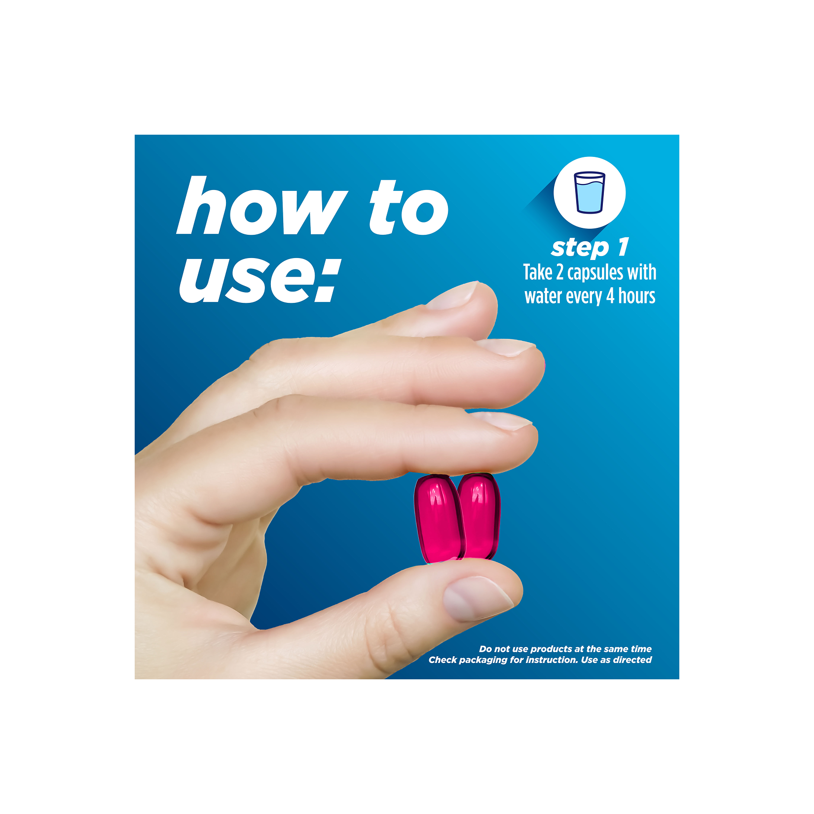 Hand holding two fast gels with instructions for taking Alka‑Seltzer™ Cold, Cold & Mucus Congestion Maximum Strength Fast Gels.