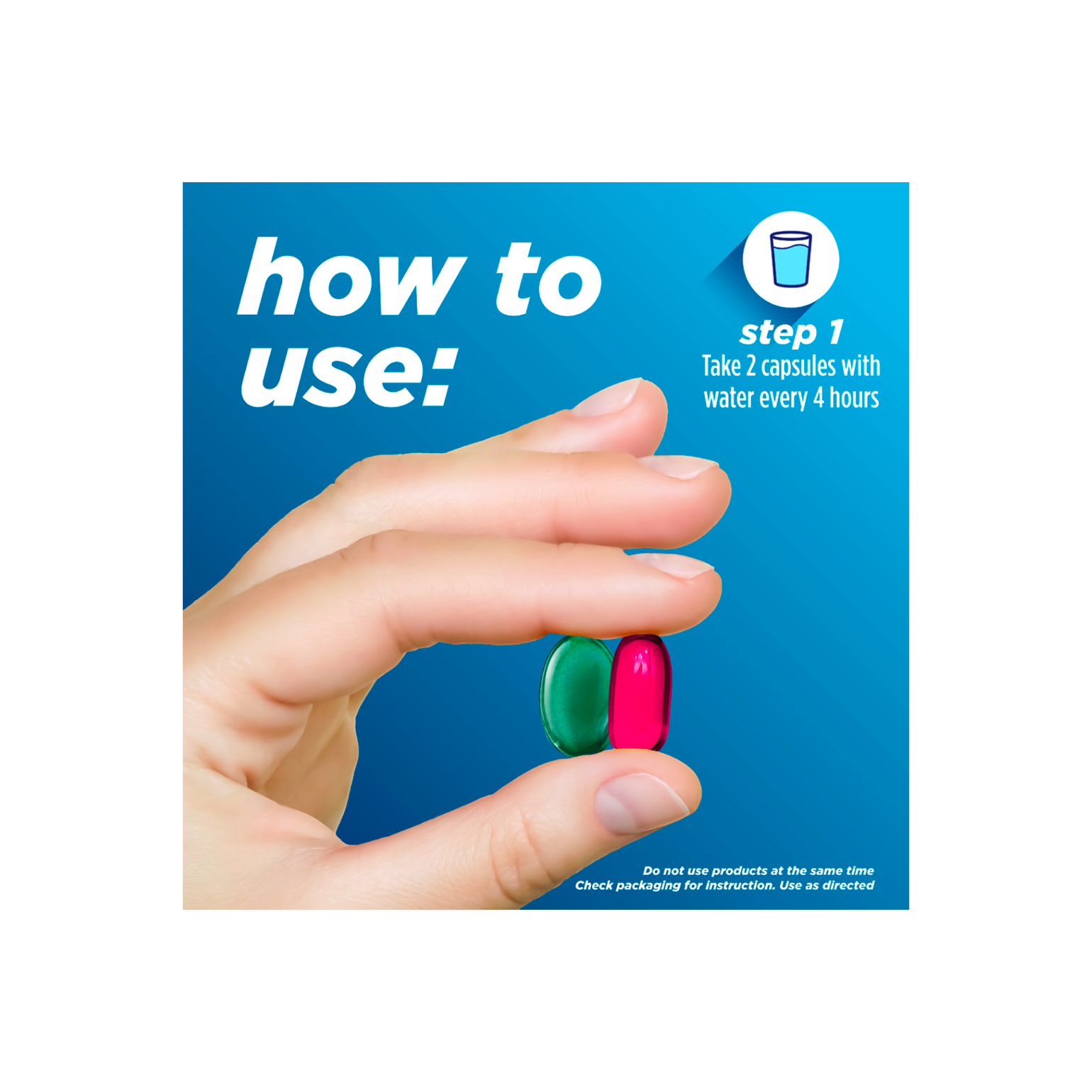 Hand holding two fast gels with instructions for taking Alka‑Seltzer™ Cold, Cold & Mucus Congestion Maximum Strength Day/Night Fast Gels.