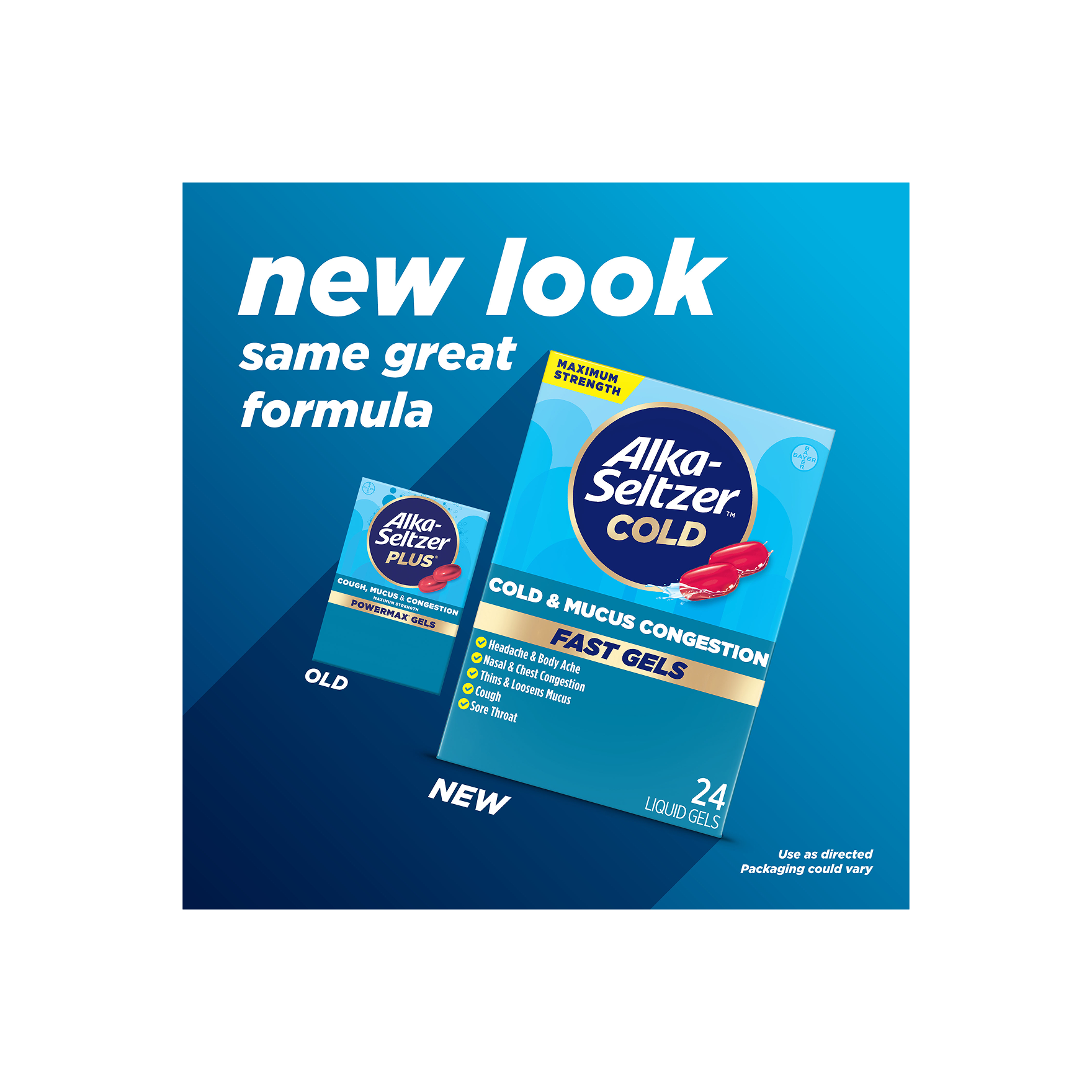 Old packaging and new packaging of Alka‑Seltzer™ Cold, Cold & Mucus Congestion Maximum Strength Fast Gels.
